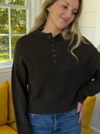 Addison Knit Buttoned Henley Long Sleeve Top (Brown)