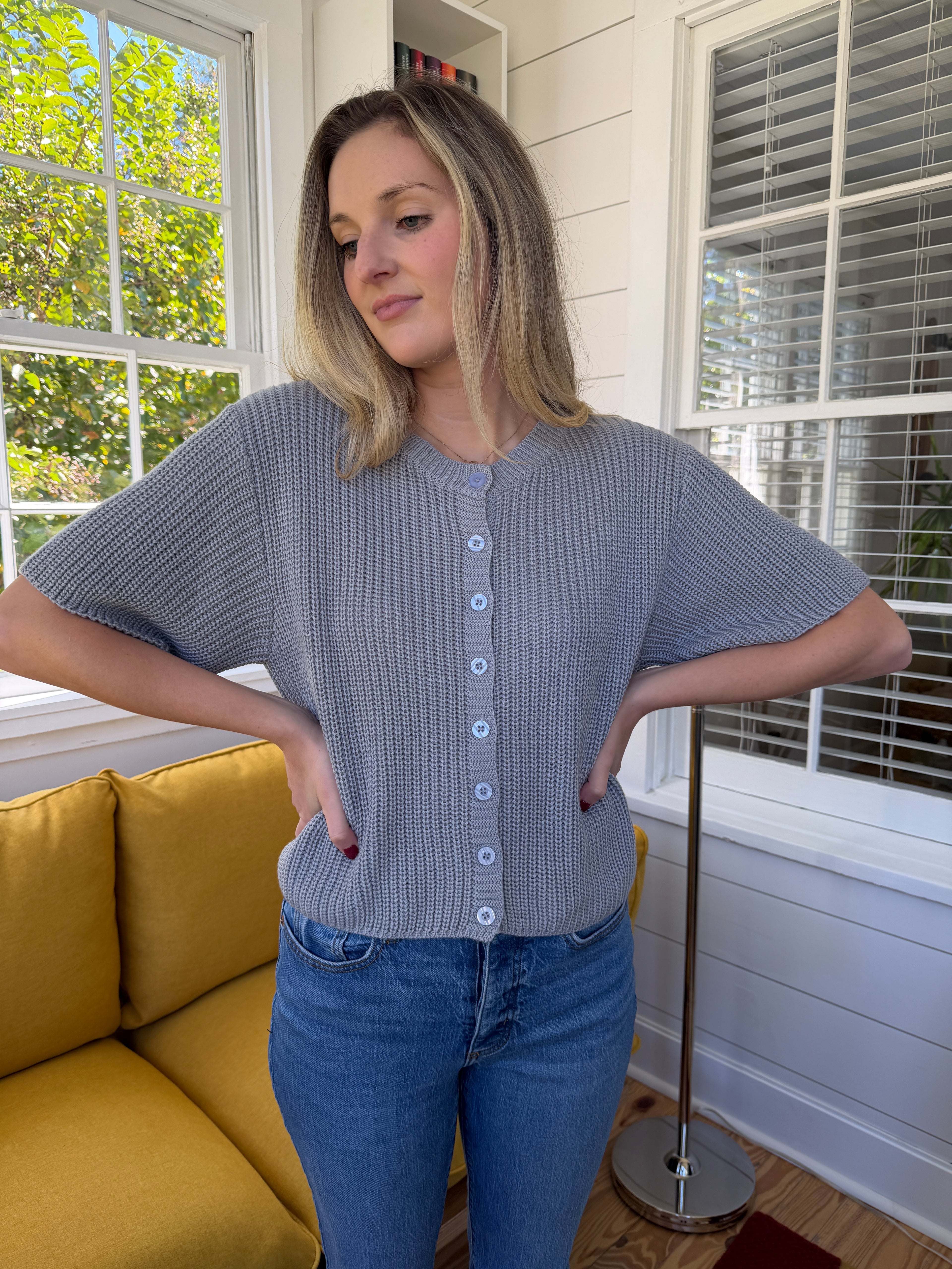 Needii Ally Grey Knit Buttoned Short Sleeve Top