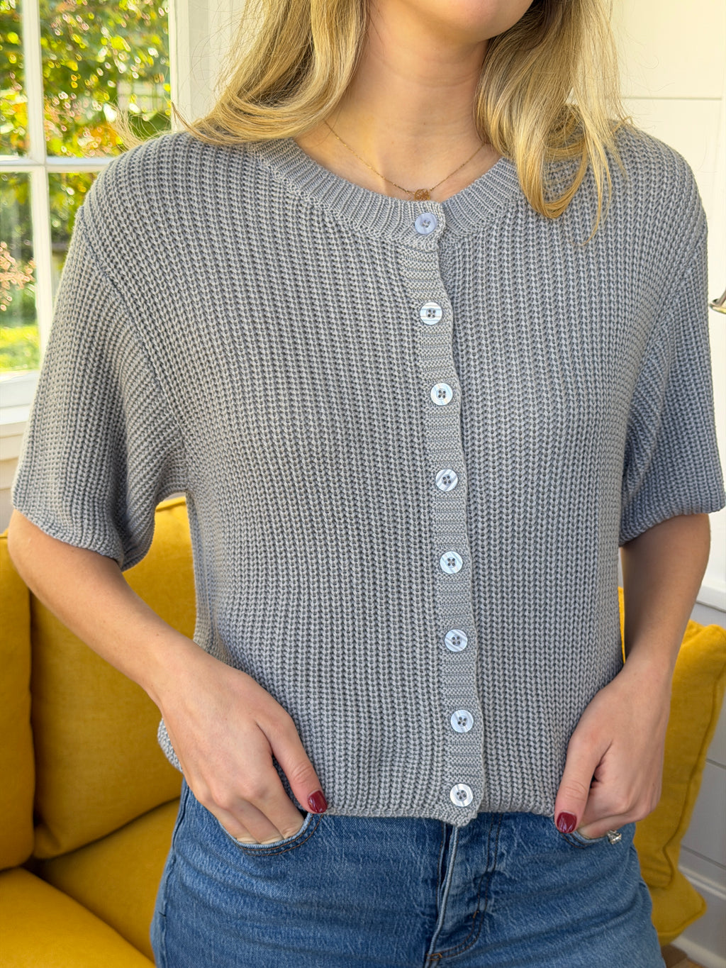 Needii Ally Grey Knit Buttoned Short Sleeve Top