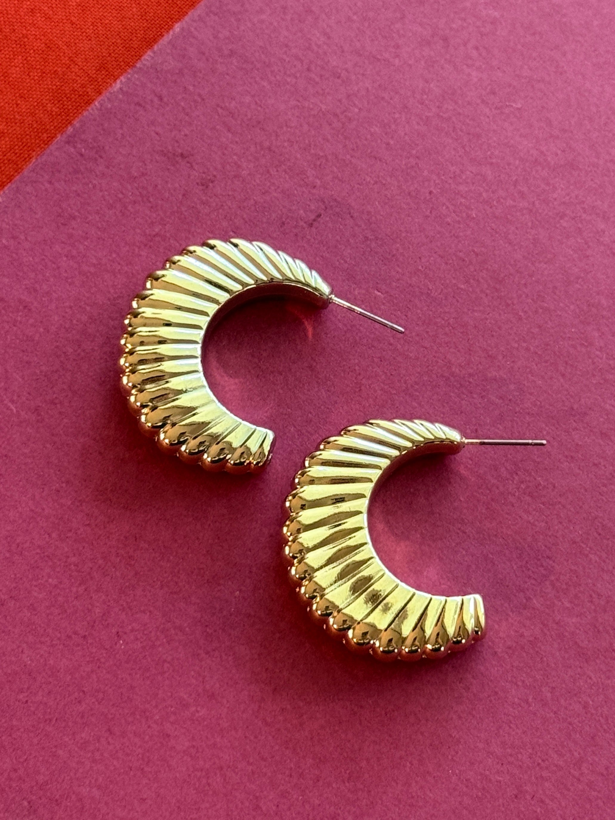 Shell Texture Crescent Gold Hoop Earrings