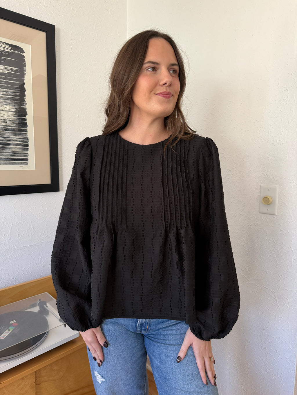 Ariel Black Textured Long Balloon Sleeve Top