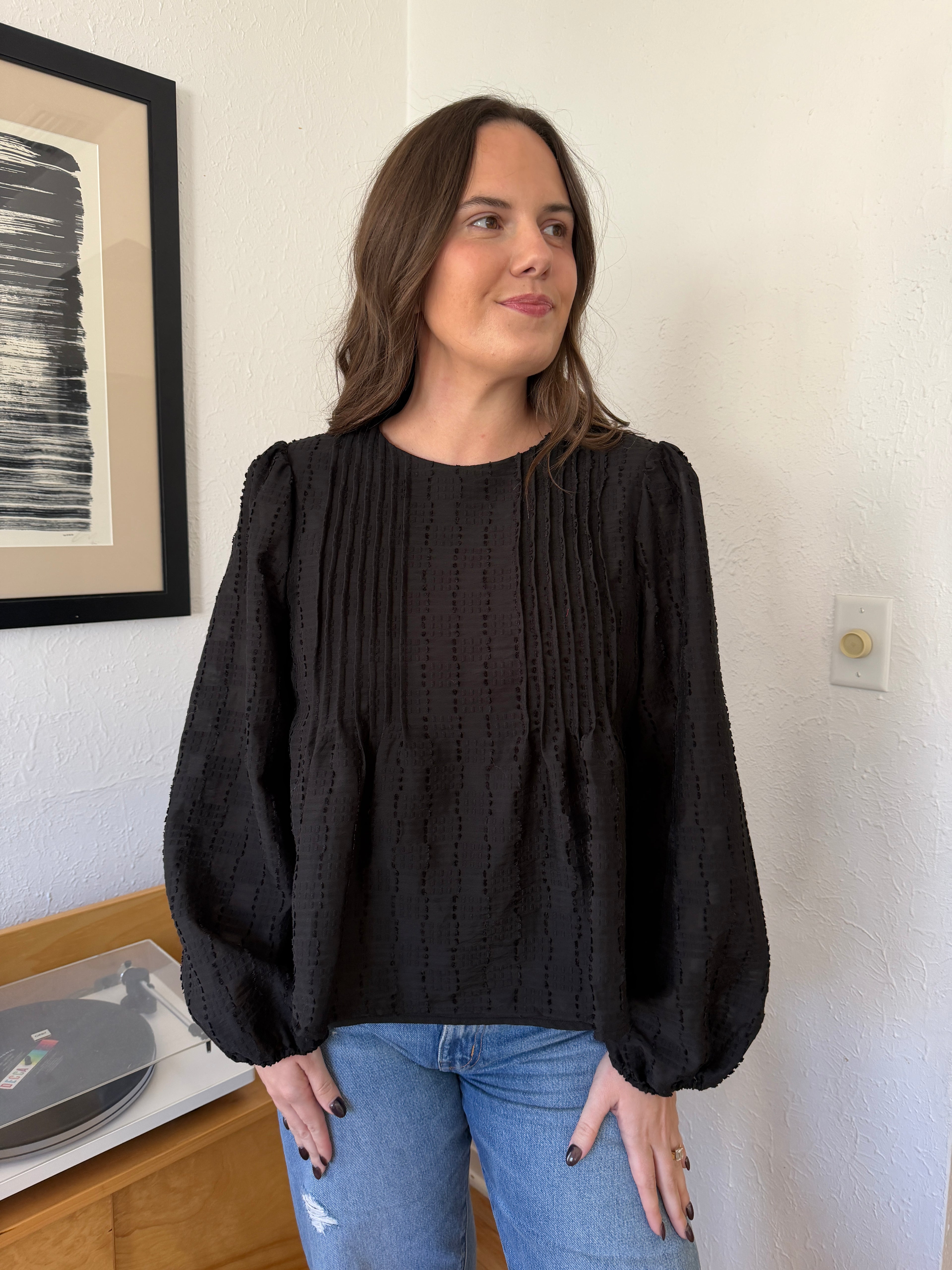 Ariel Black Textured Long Balloon Sleeve Top