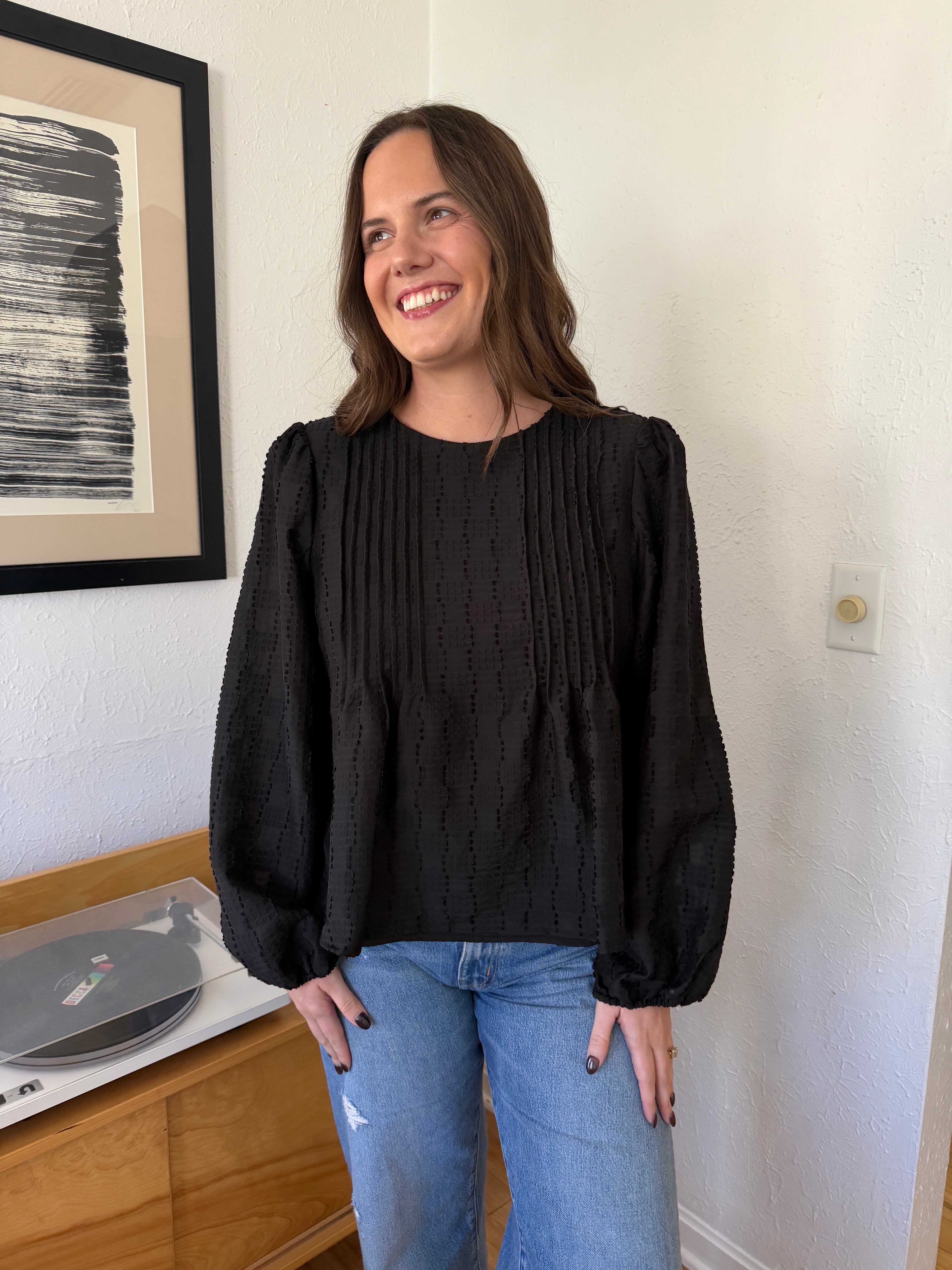 Ariel Black Textured Long Balloon Sleeve Top