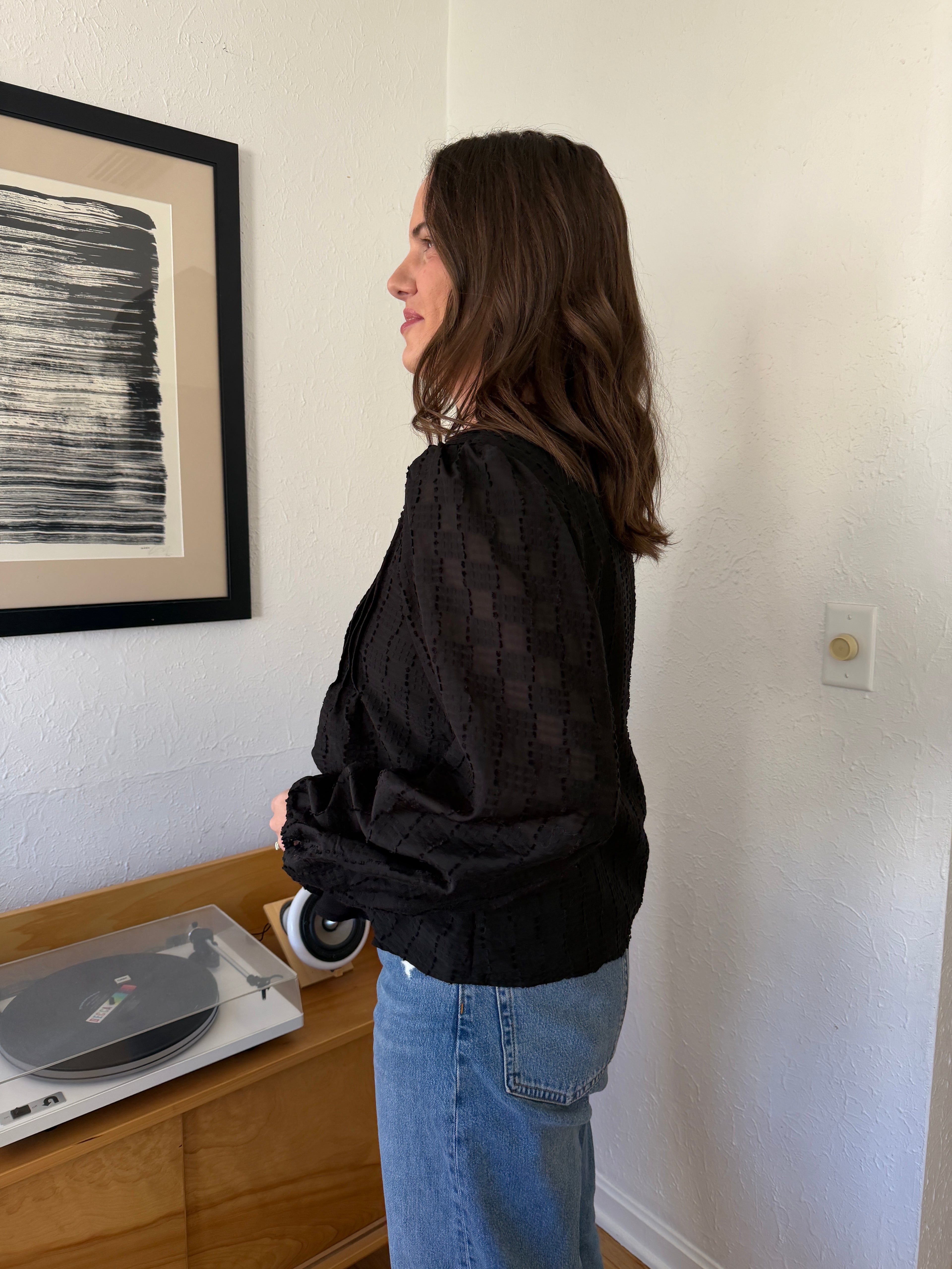 Ariel Black Textured Long Balloon Sleeve Top