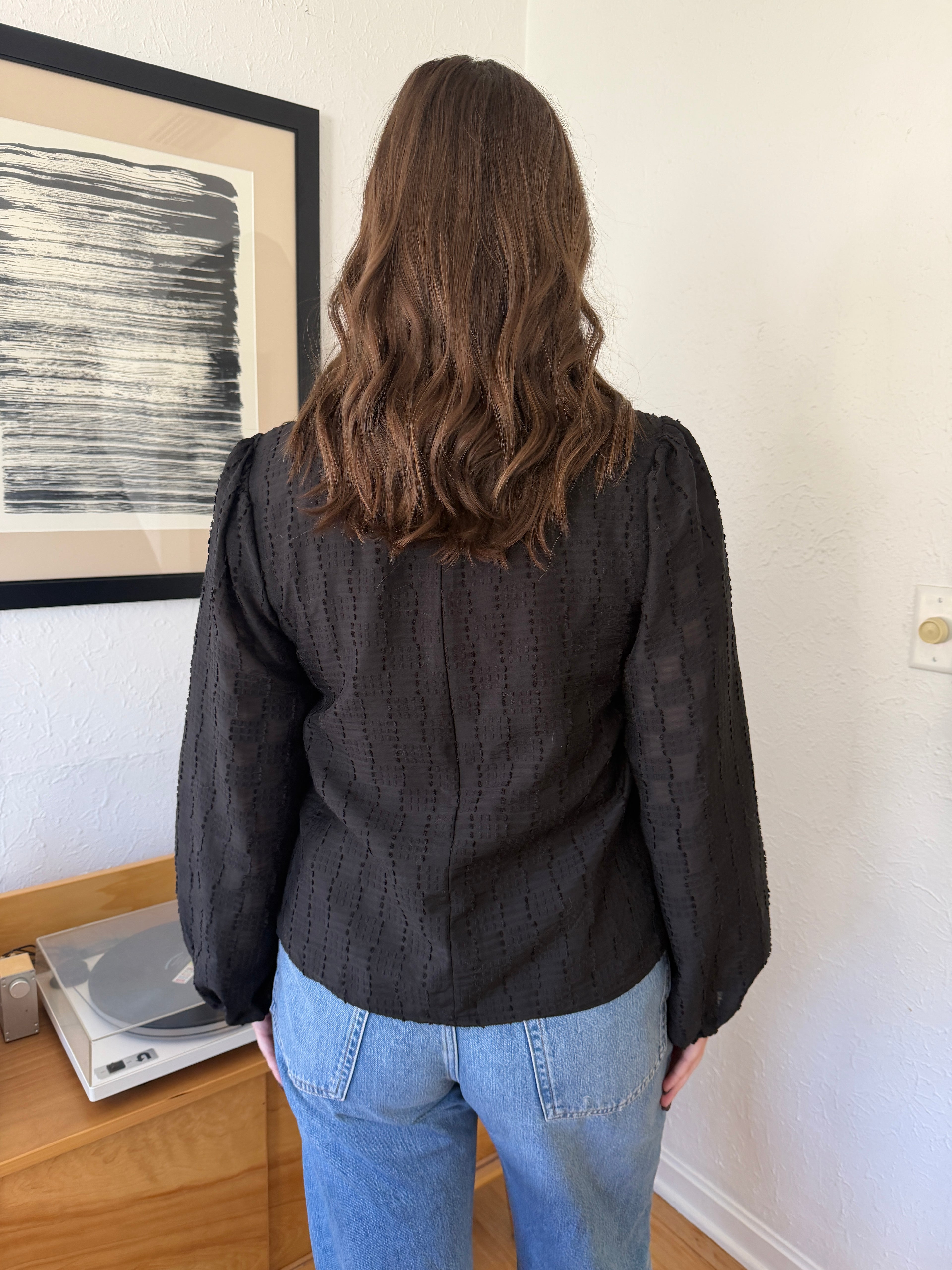 Ariel Black Textured Long Balloon Sleeve Top