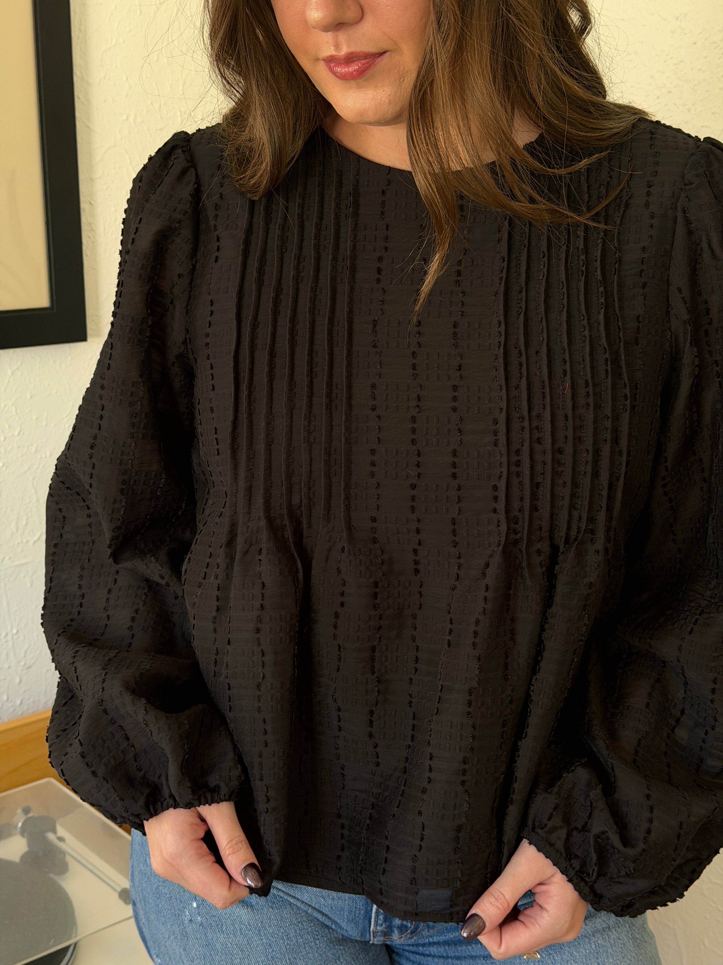 Ariel Black Textured Long Balloon Sleeve Top