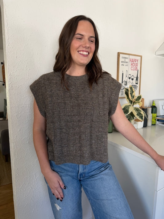 Miou Muse Ariana Greige Grid Woven Sweater Vest Top