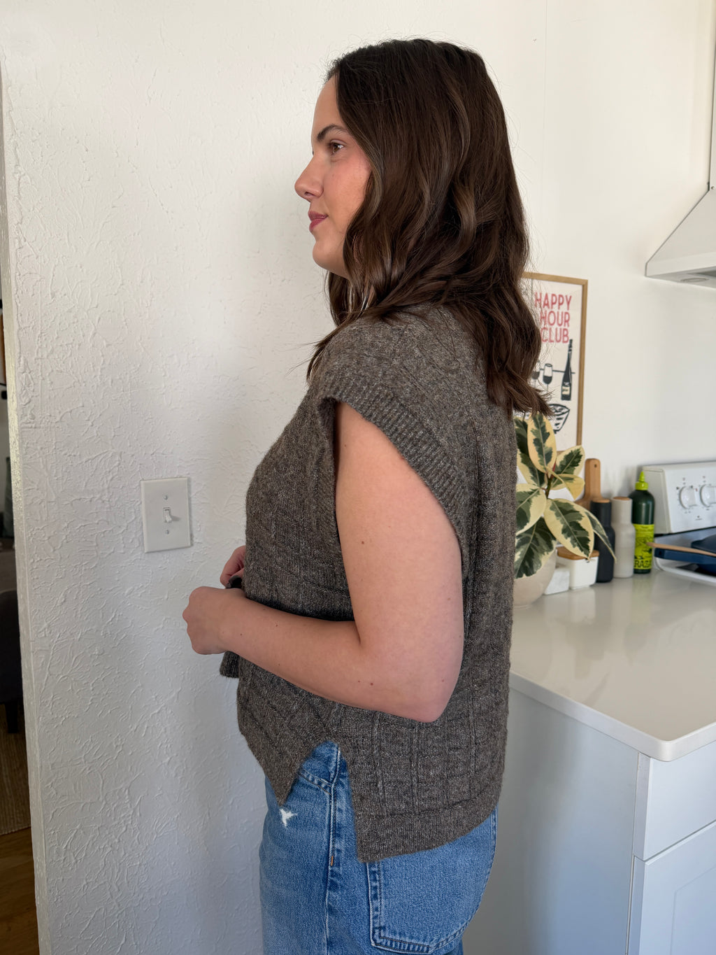 Miou Muse Ariana Greige Grid Woven Sweater Vest Top