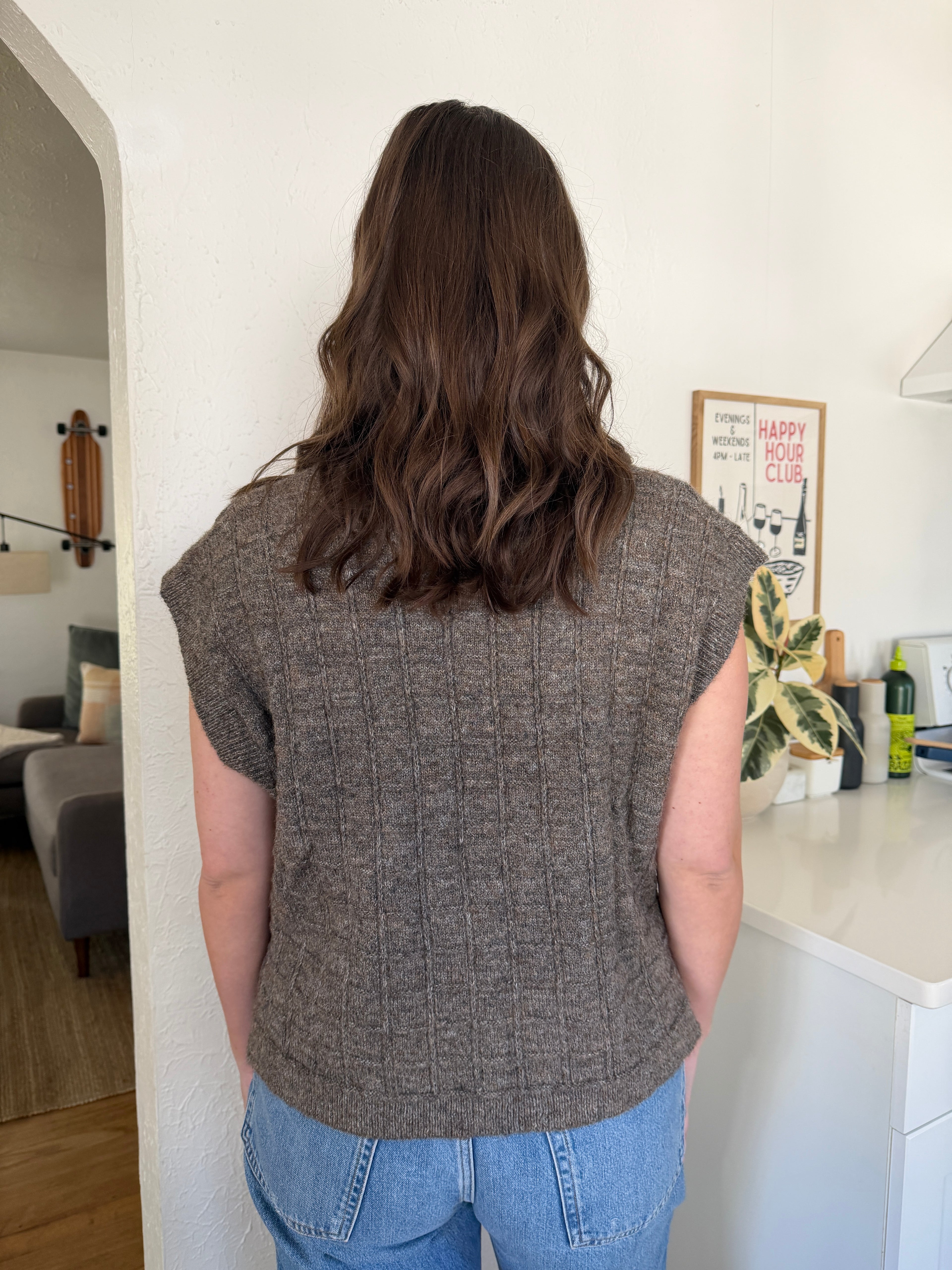 Miou Muse Ariana Greige Grid Woven Sweater Vest Top