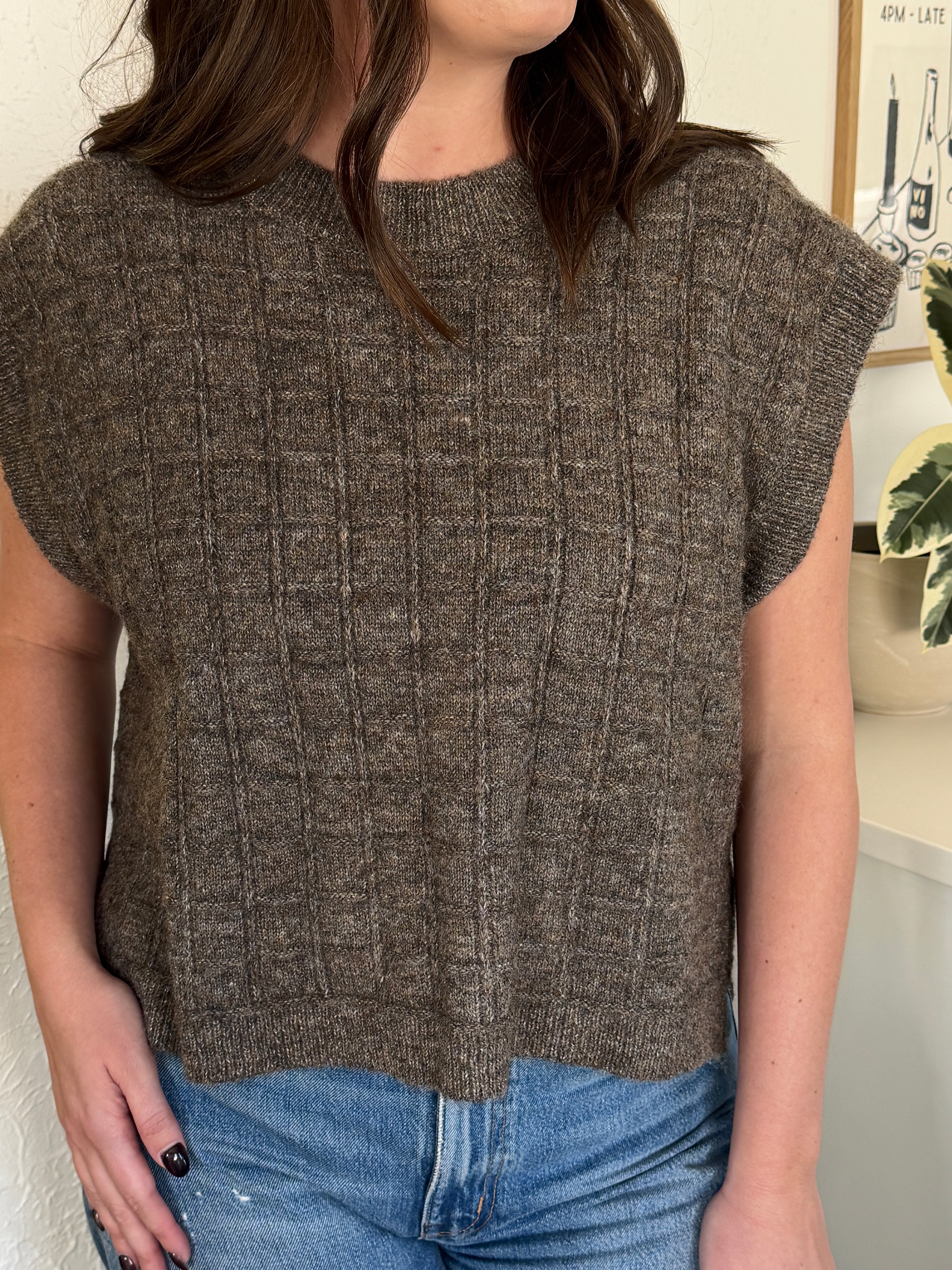 Miou Muse Ariana Greige Grid Woven Sweater Vest Top