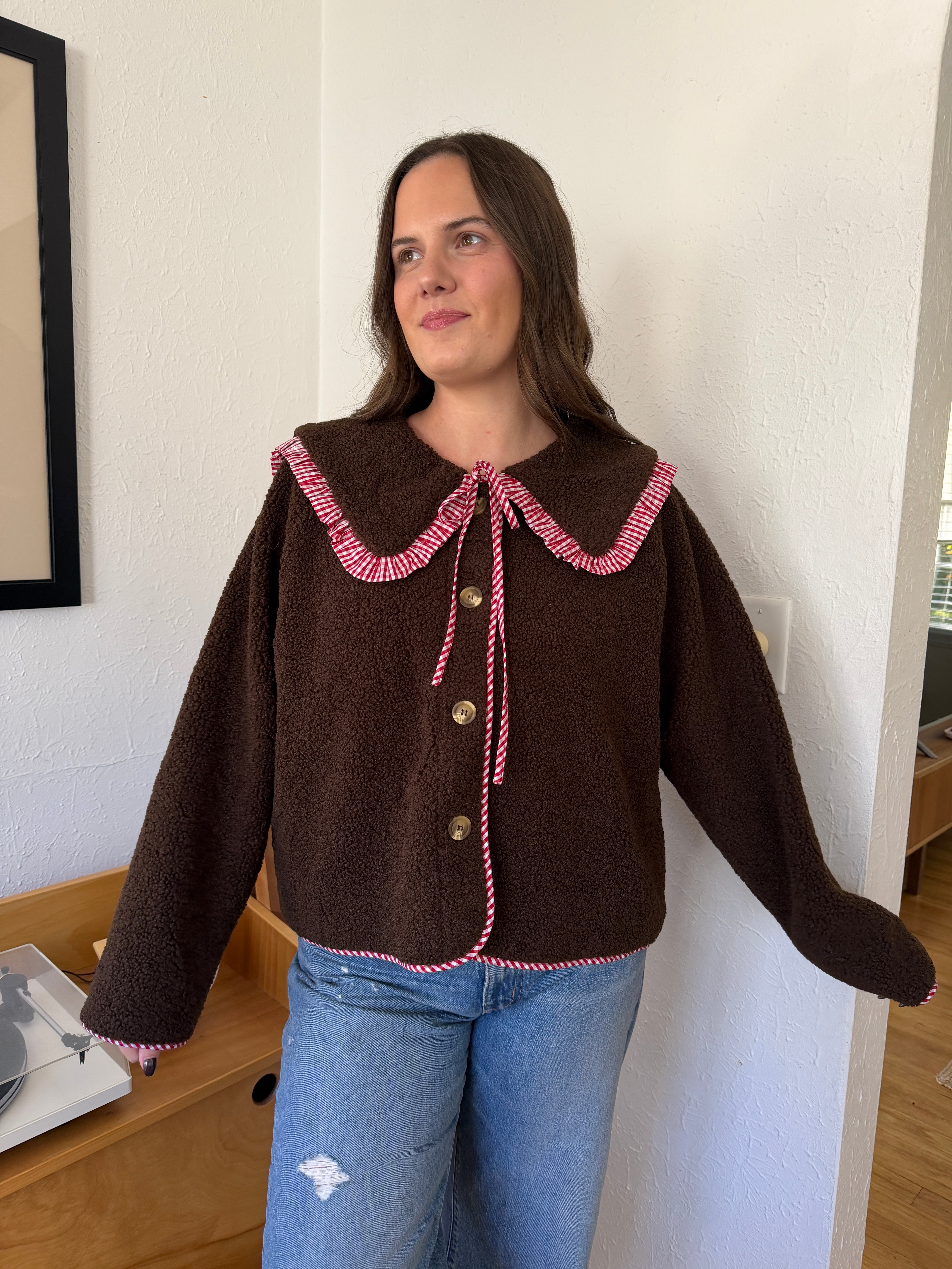 Things Between Thea Chocolate Gingham Sherpa Buttoned Jacket