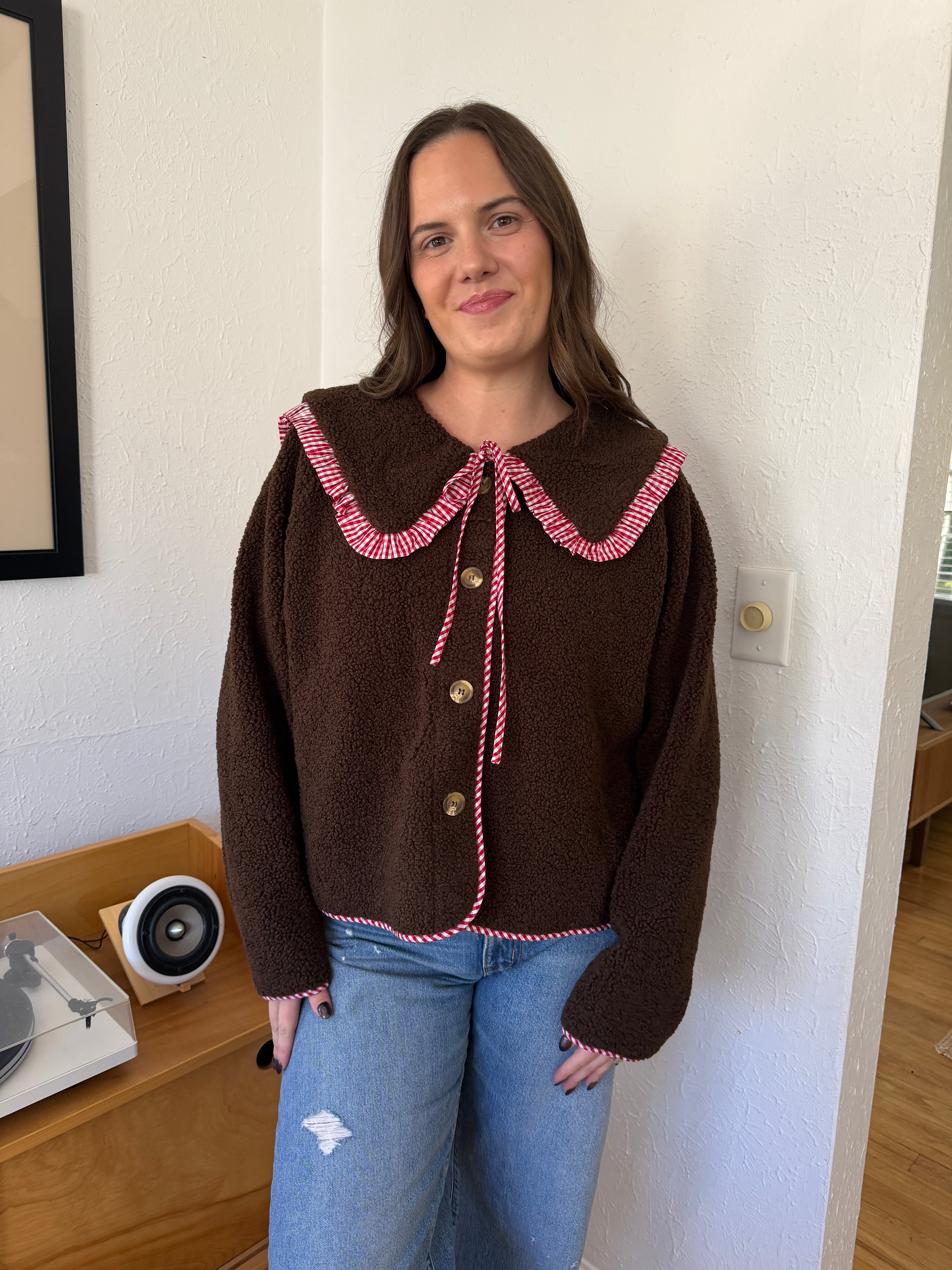 Things Between Thea Chocolate Gingham Sherpa Buttoned Jacket