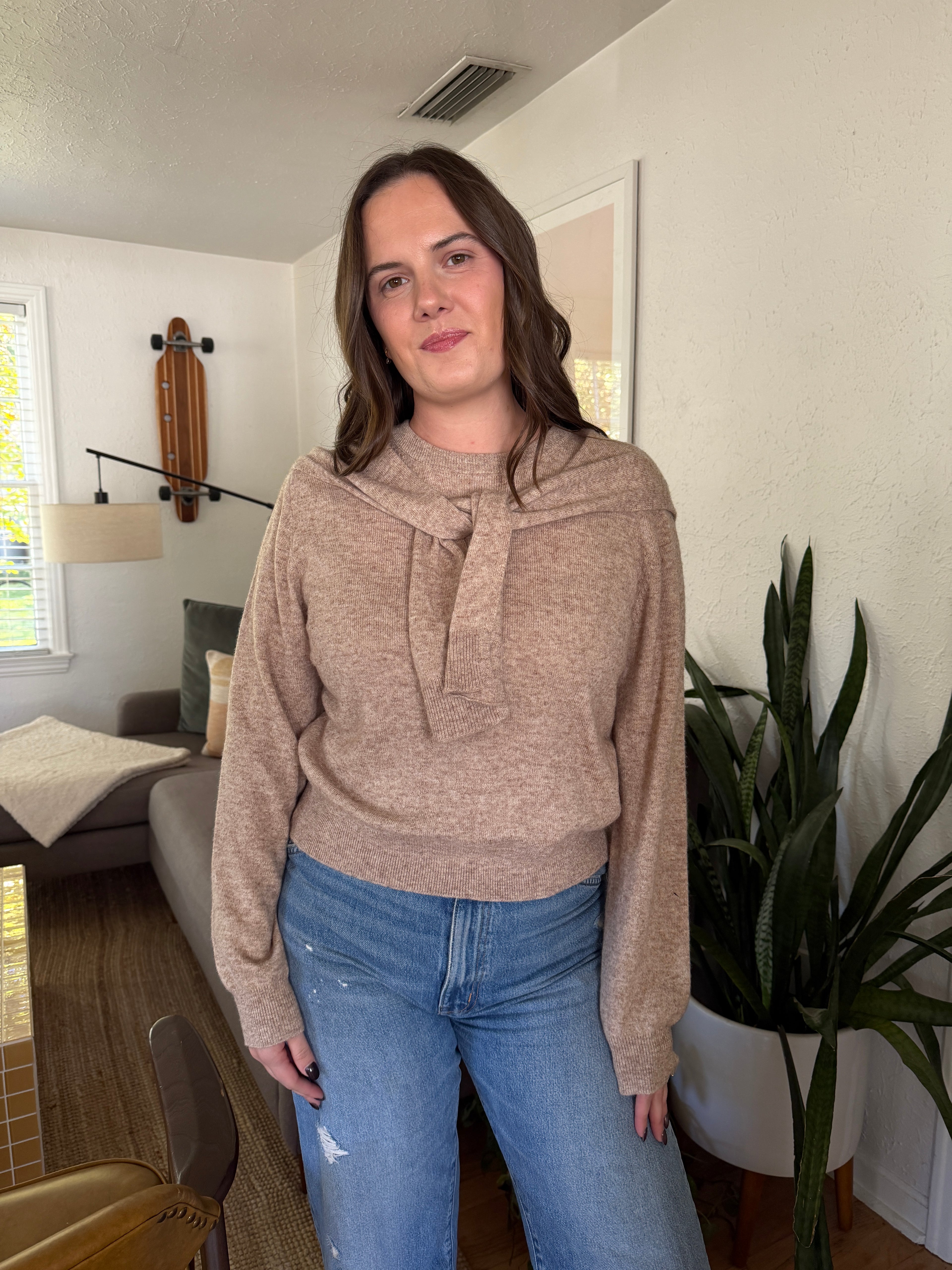 Miou Muse Athena Tie Drape Long Sleeve Sweater (Beige)