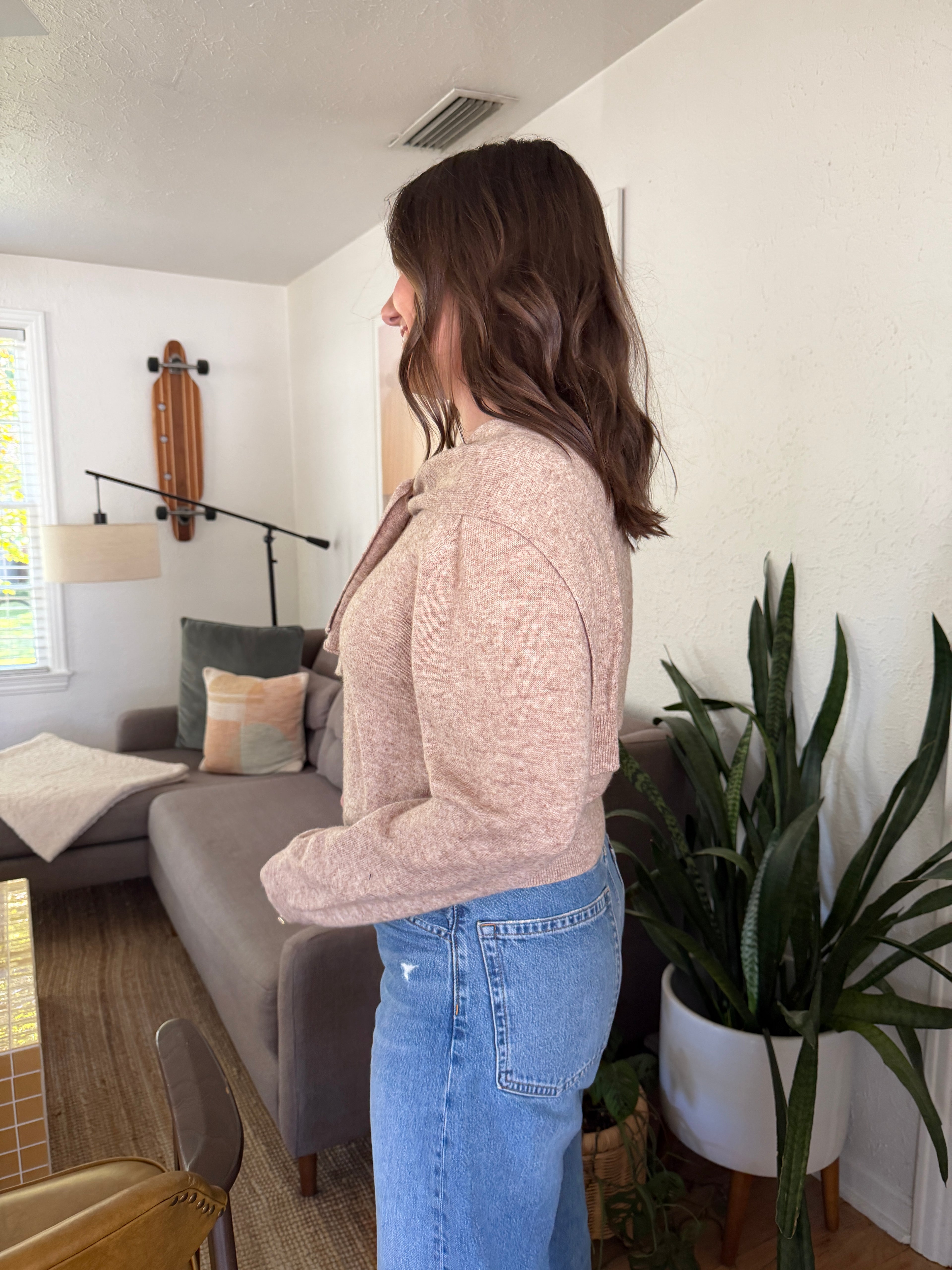 Miou Muse Athena Tie Drape Long Sleeve Sweater (Beige)