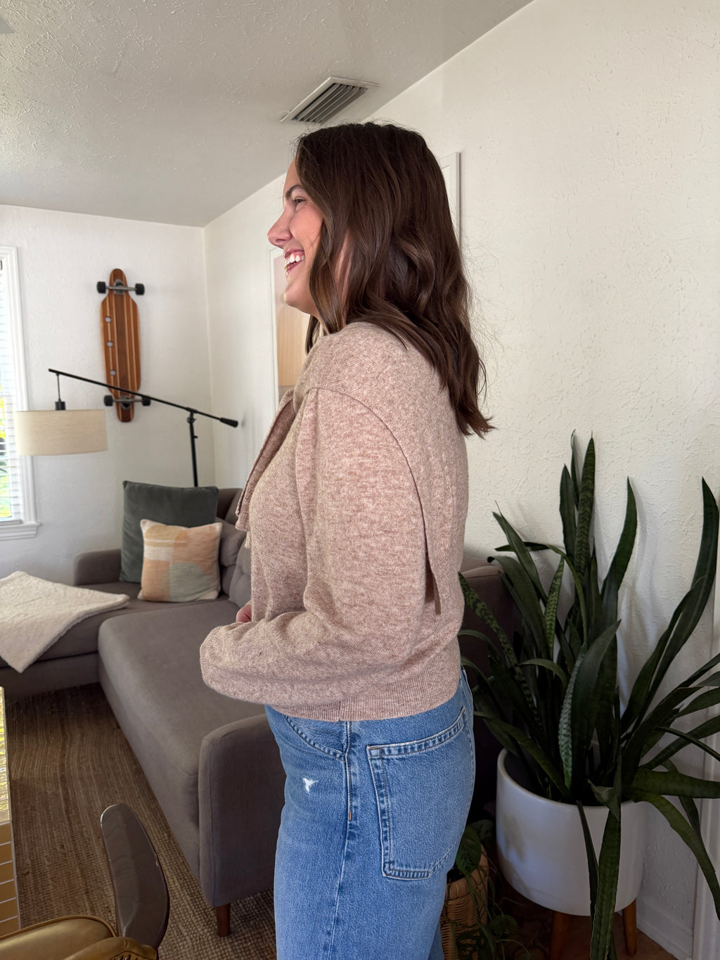 Miou Muse Athena Tie Drape Long Sleeve Sweater (Beige)