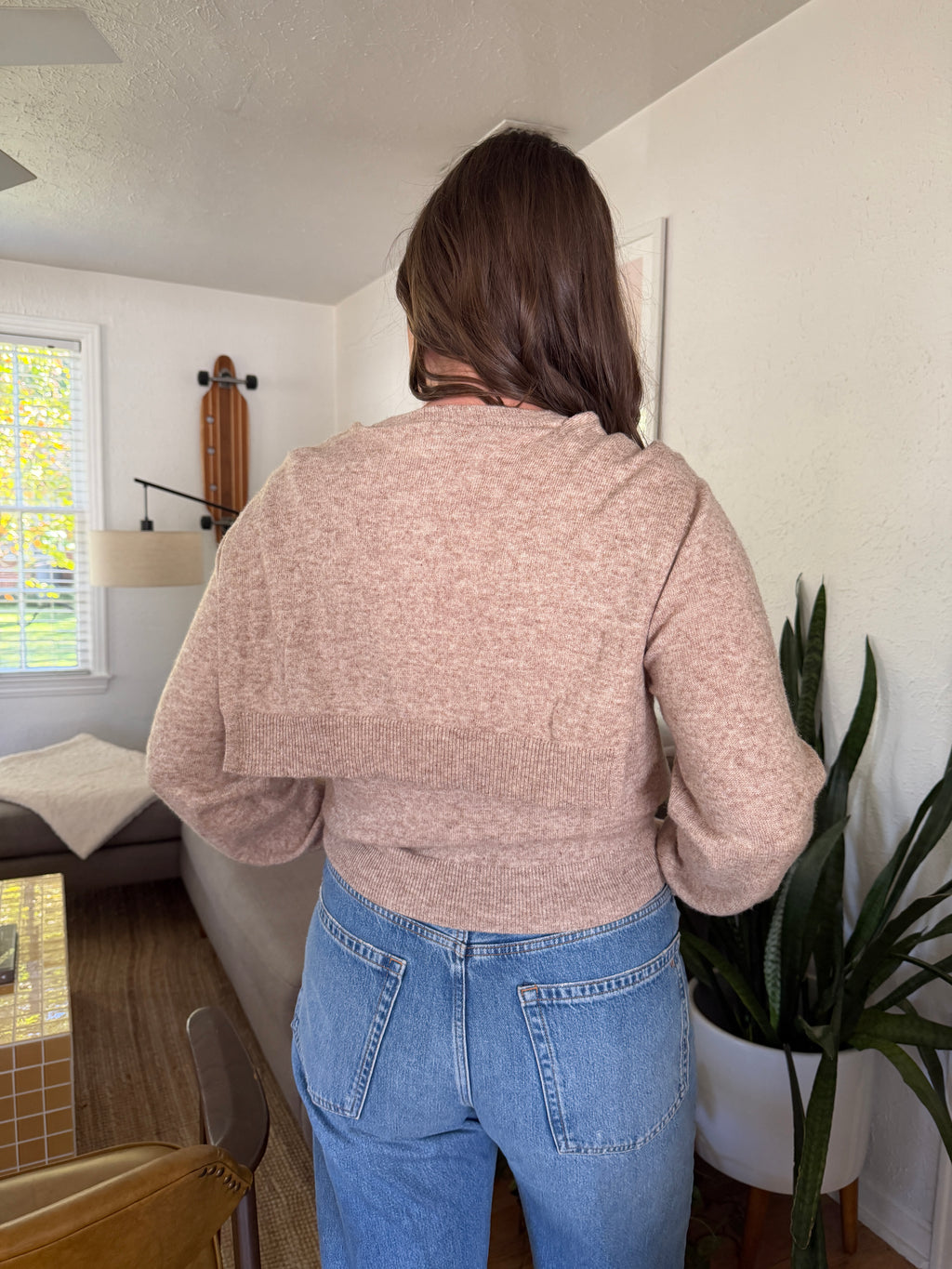 Miou Muse Athena Tie Drape Long Sleeve Sweater (Beige)