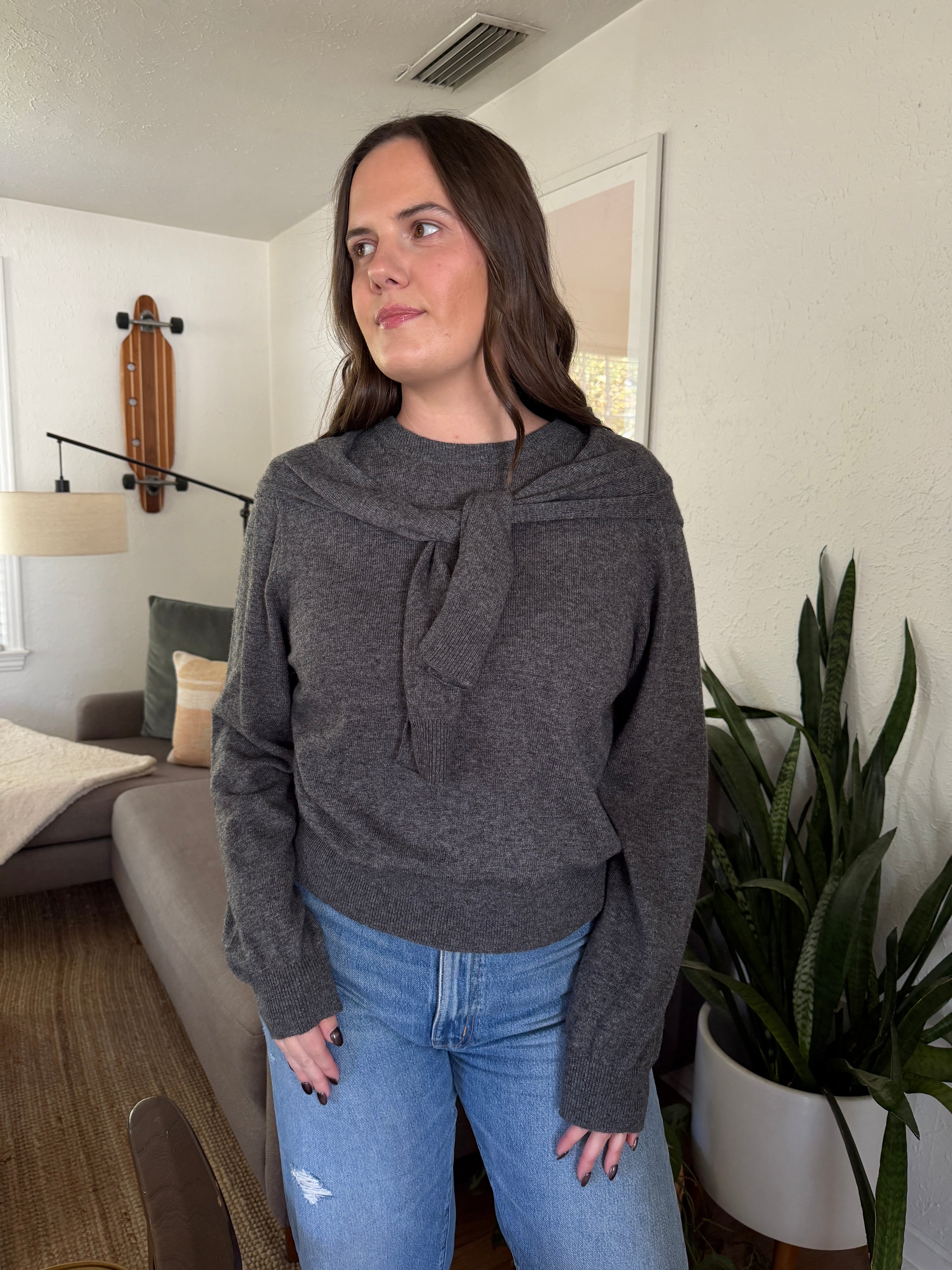 Miou Muse Athena Tie Drape Long Sleeve Sweater (Grey)