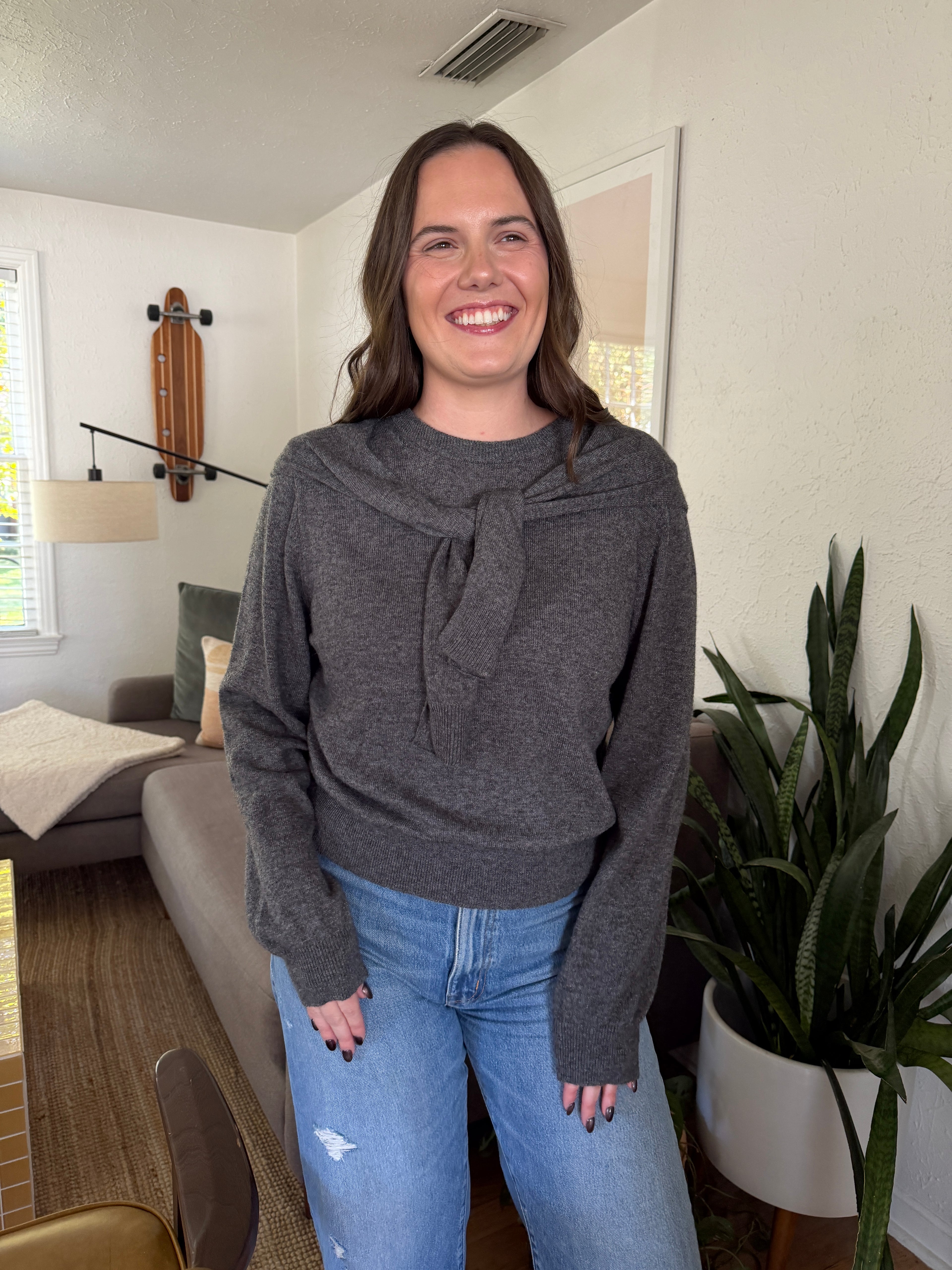 Miou Muse Athena Tie Drape Long Sleeve Sweater (Grey)