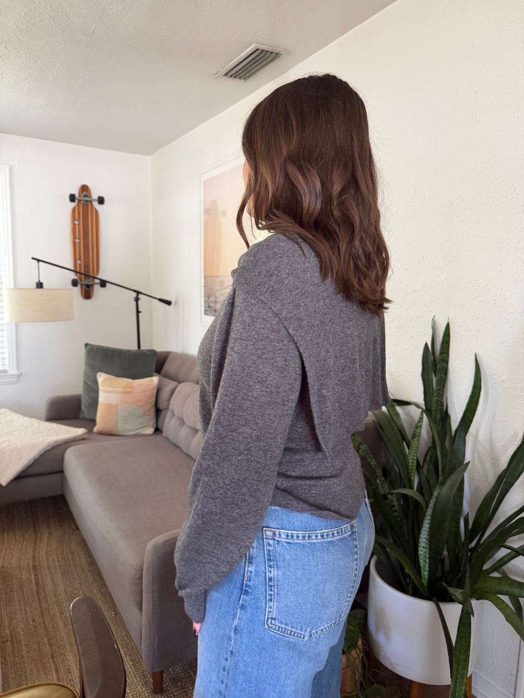 Miou Muse Athena Tie Drape Long Sleeve Sweater (Grey)