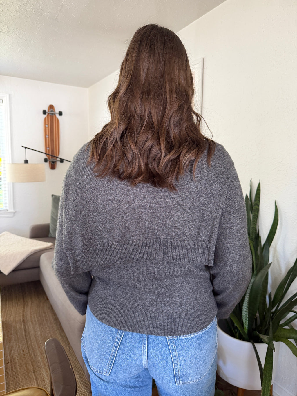 Miou Muse Athena Tie Drape Long Sleeve Sweater (Grey)