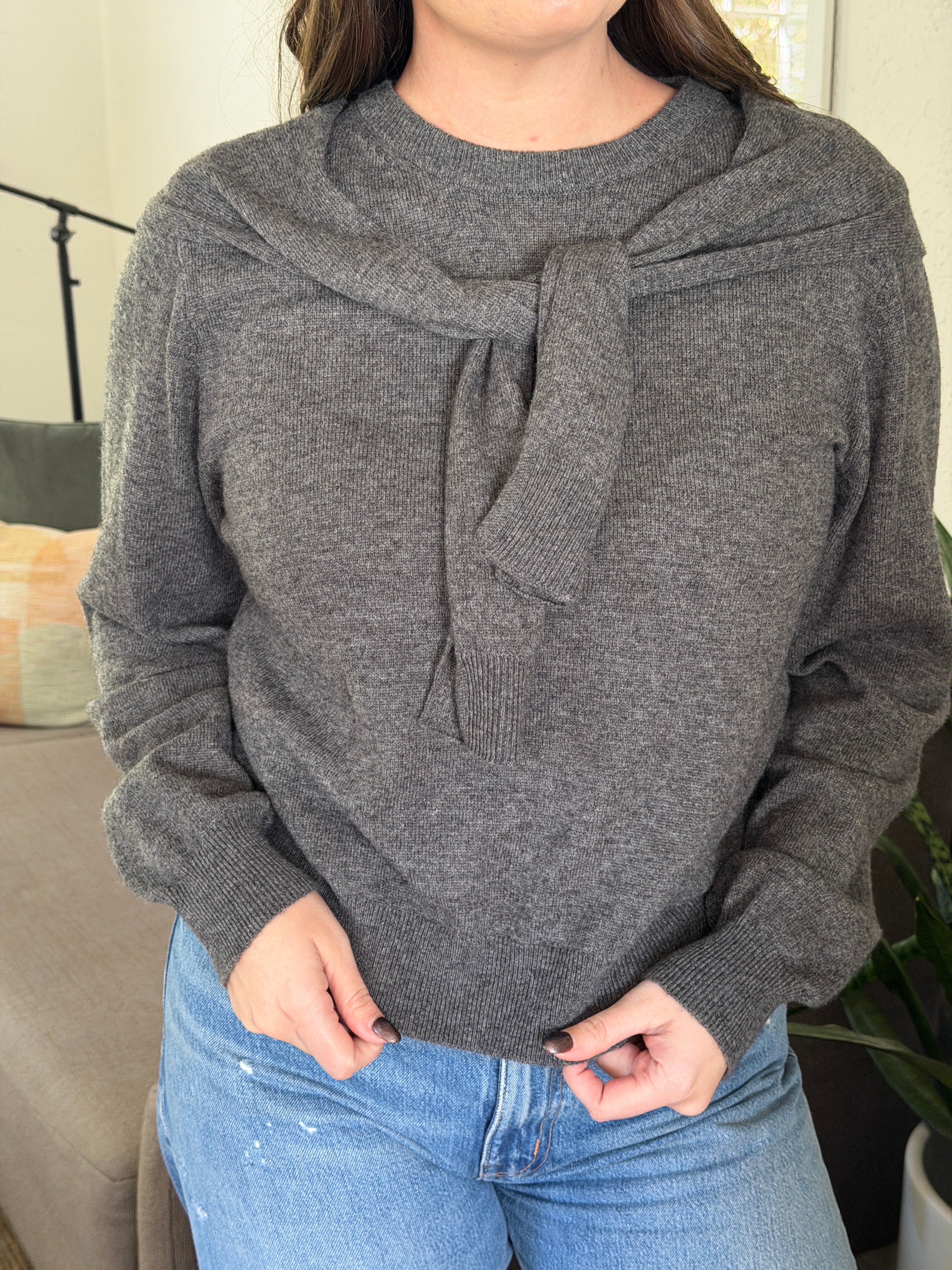 Miou Muse Athena Tie Drape Long Sleeve Sweater (Grey)