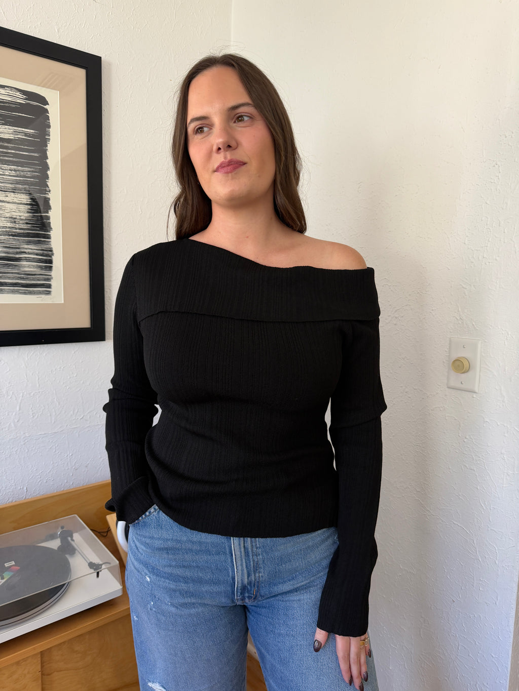 Miou Muse Aiden Black Ribbed Off the Shoulder Long Sleeve Top