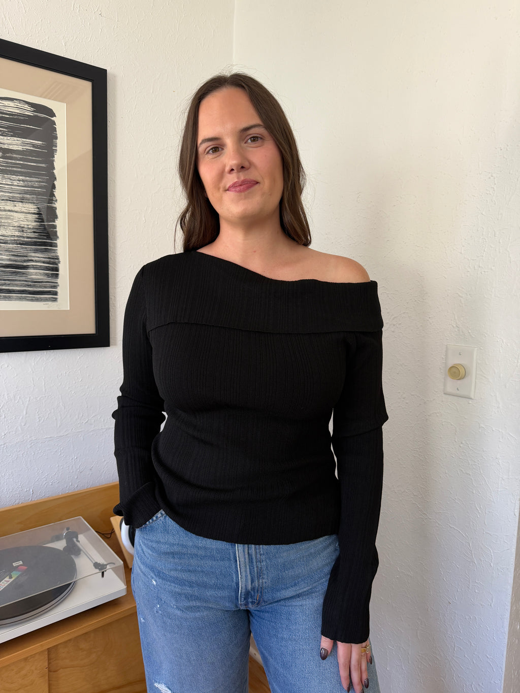 Miou Muse Aiden Black Ribbed Off the Shoulder Long Sleeve Top