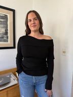 Miou Muse Aiden Black Ribbed Off the Shoulder Long Sleeve Top