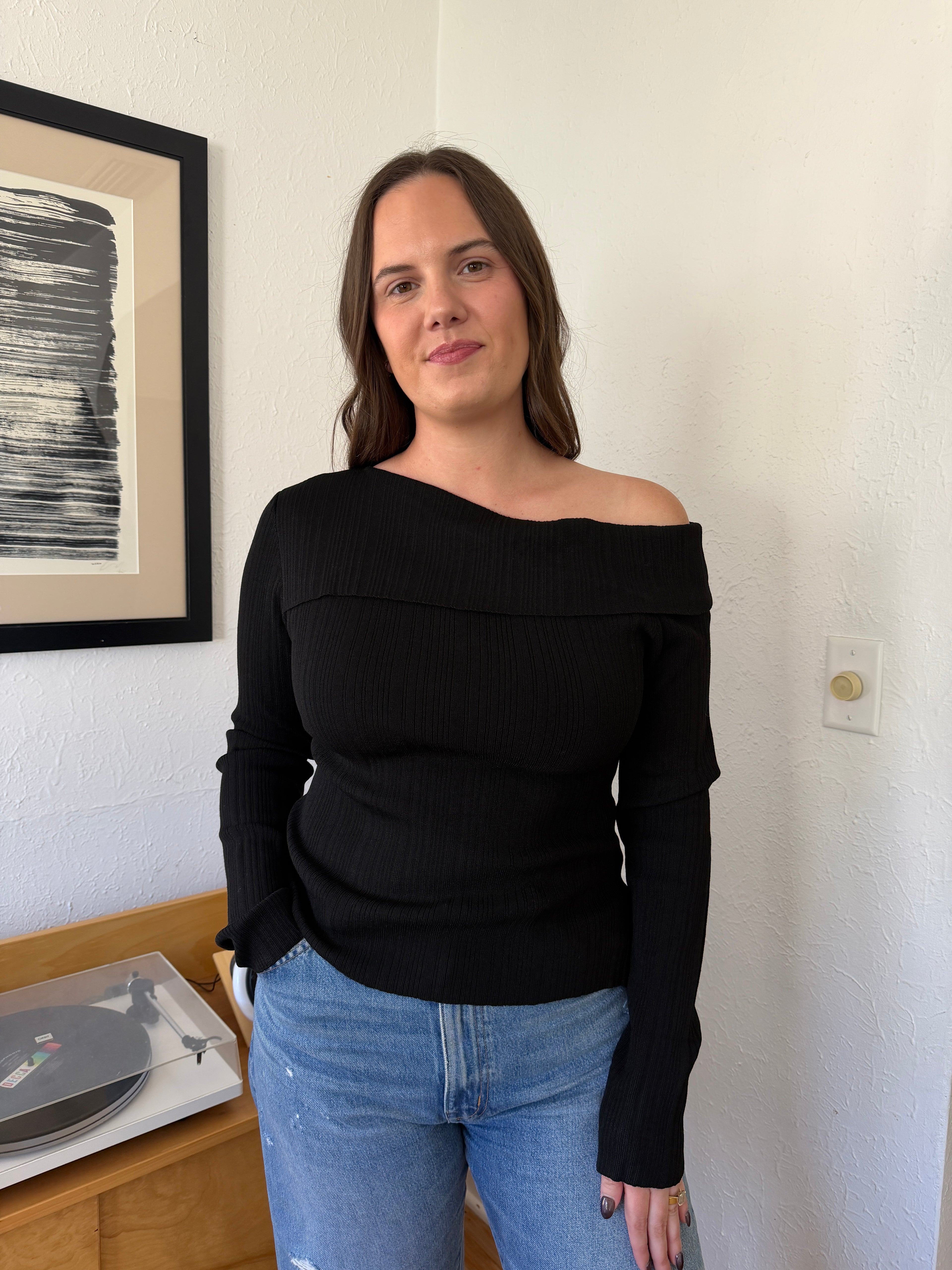 Miou Muse Aiden Black Ribbed Off the Shoulder Long Sleeve Top