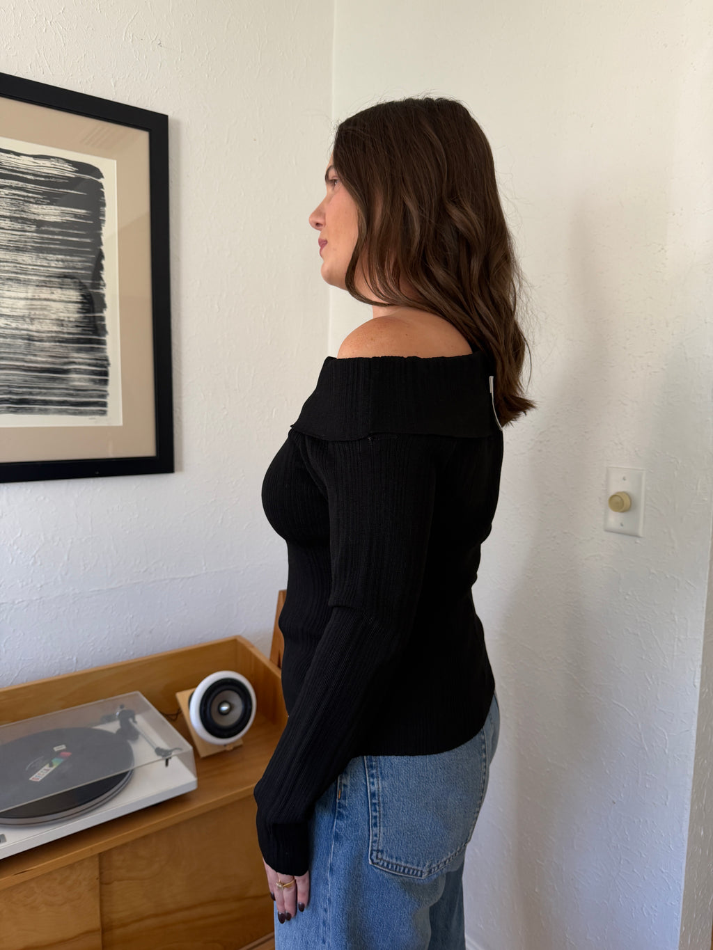 Miou Muse Aiden Black Ribbed Off the Shoulder Long Sleeve Top