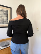 Miou Muse Aiden Black Ribbed Off the Shoulder Long Sleeve Top