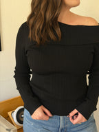 Miou Muse Aiden Black Ribbed Off the Shoulder Long Sleeve Top
