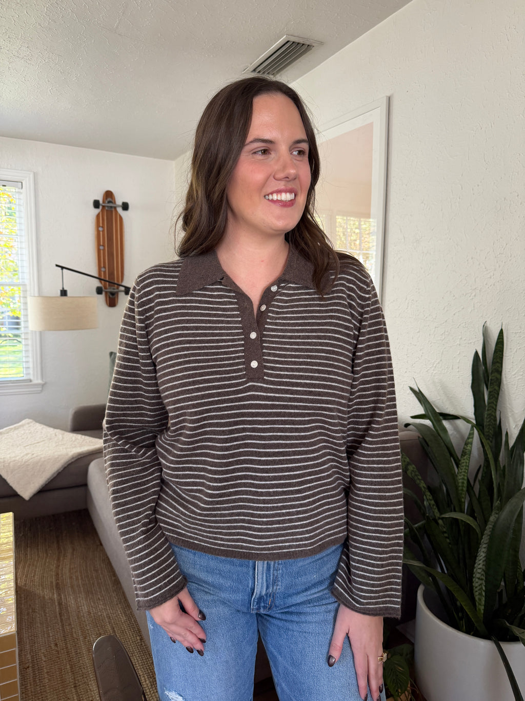 Miou Muse Asher Taupe Stripe Collared Long Sleeve Top