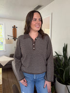 Miou Muse Asher Taupe Stripe Collared Long Sleeve Top