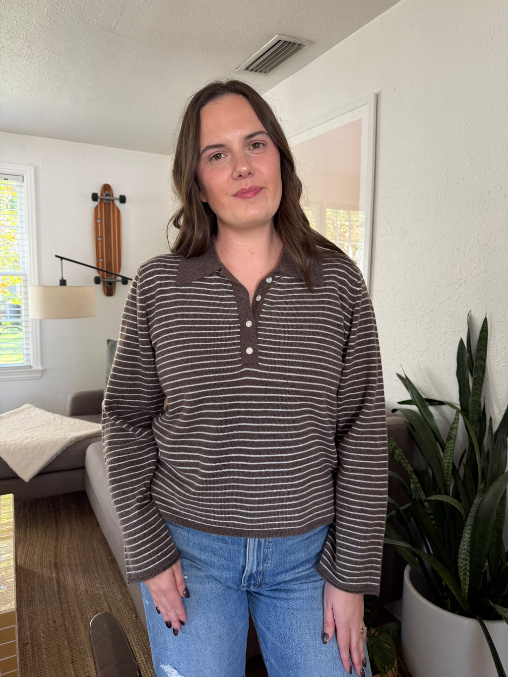 Miou Muse Asher Taupe Stripe Collared Long Sleeve Top