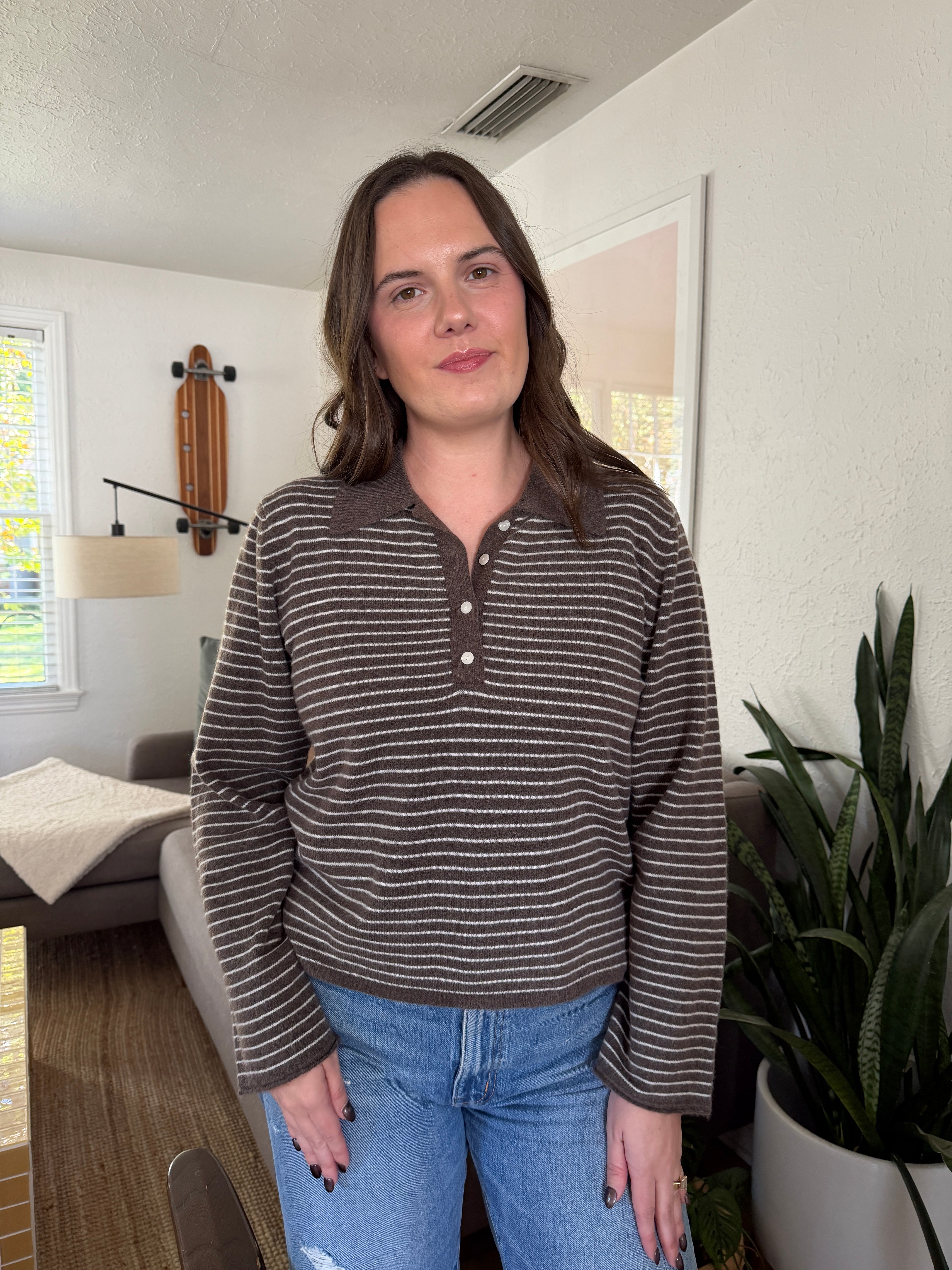 Miou Muse Asher Taupe Stripe Collared Long Sleeve Top