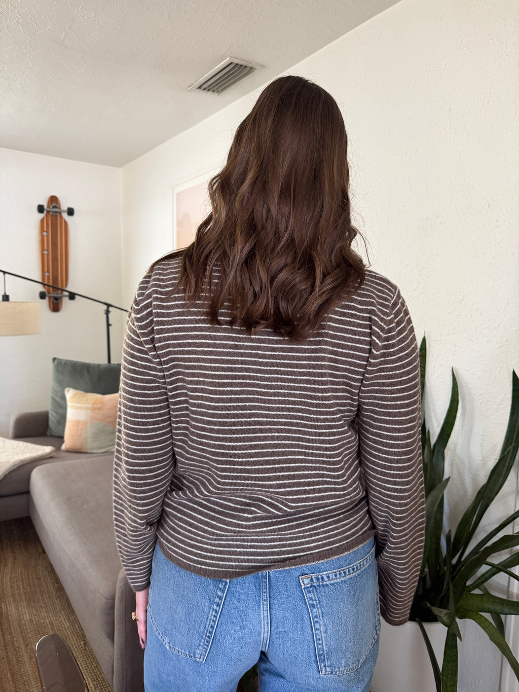 Miou Muse Asher Taupe Stripe Collared Long Sleeve Top