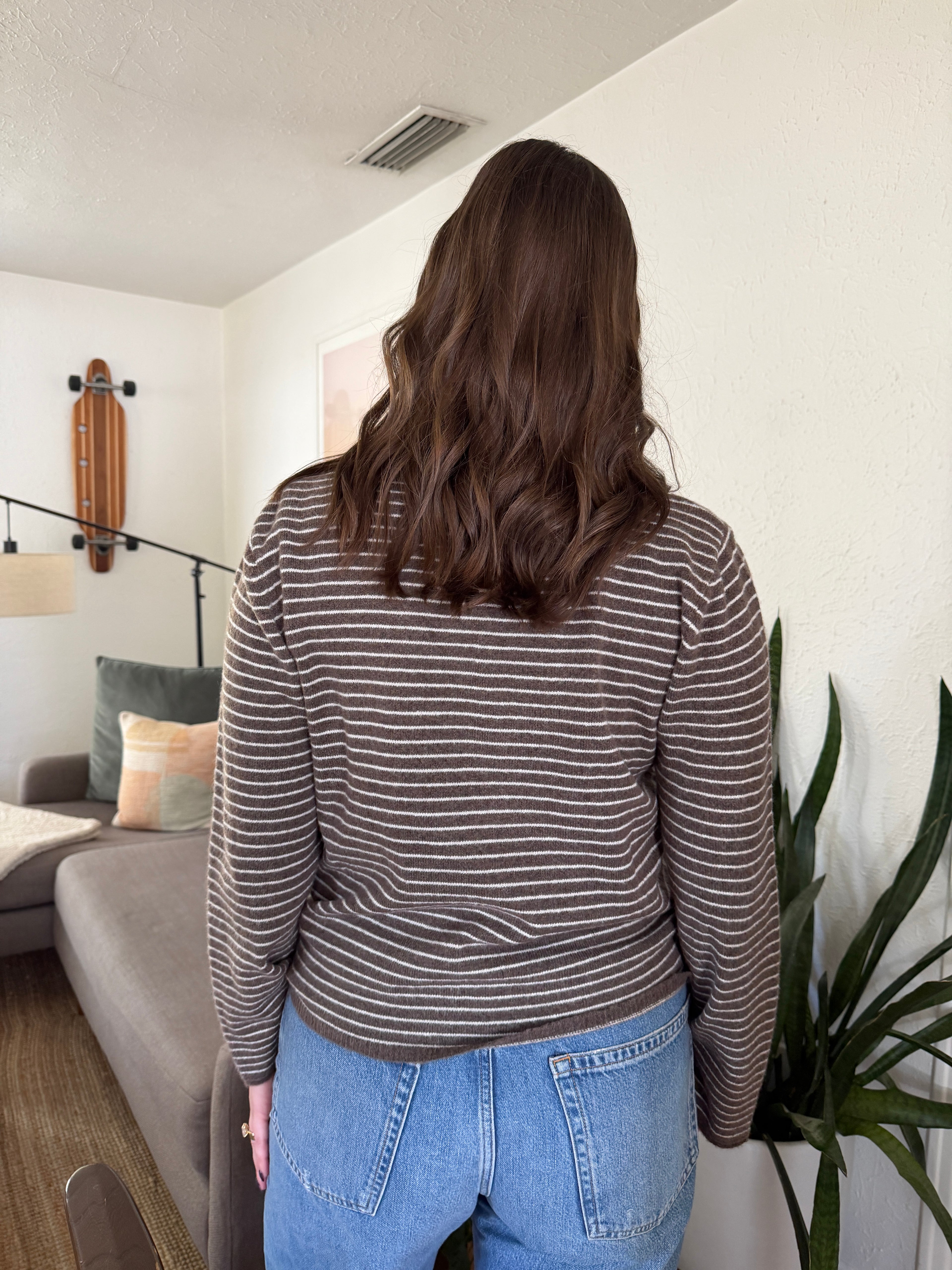 Miou Muse Asher Taupe Stripe Collared Long Sleeve Top