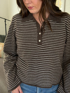 Miou Muse Asher Taupe Stripe Collared Long Sleeve Top