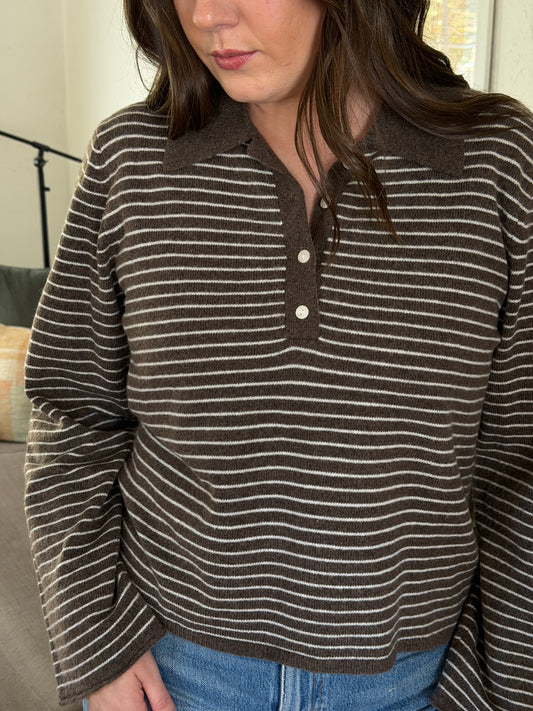 Miou Muse Asher Taupe Stripe Collared Long Sleeve Top