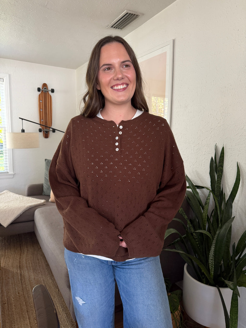 Things Between Amelia Chocolate Eyelet Henley Pullover