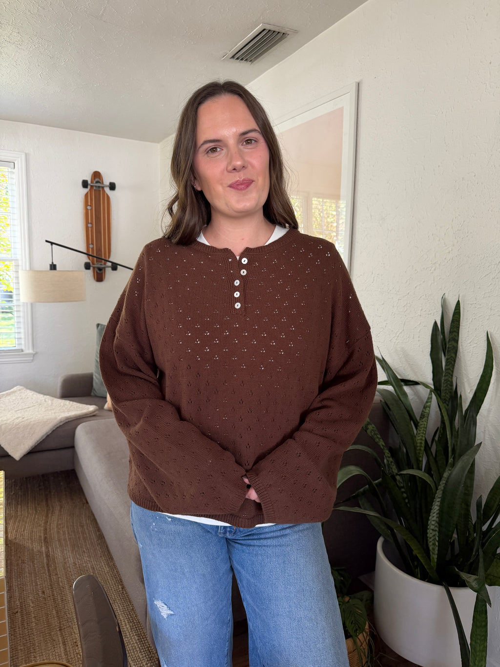 Things Between Amelia Chocolate Eyelet Henley Pullover