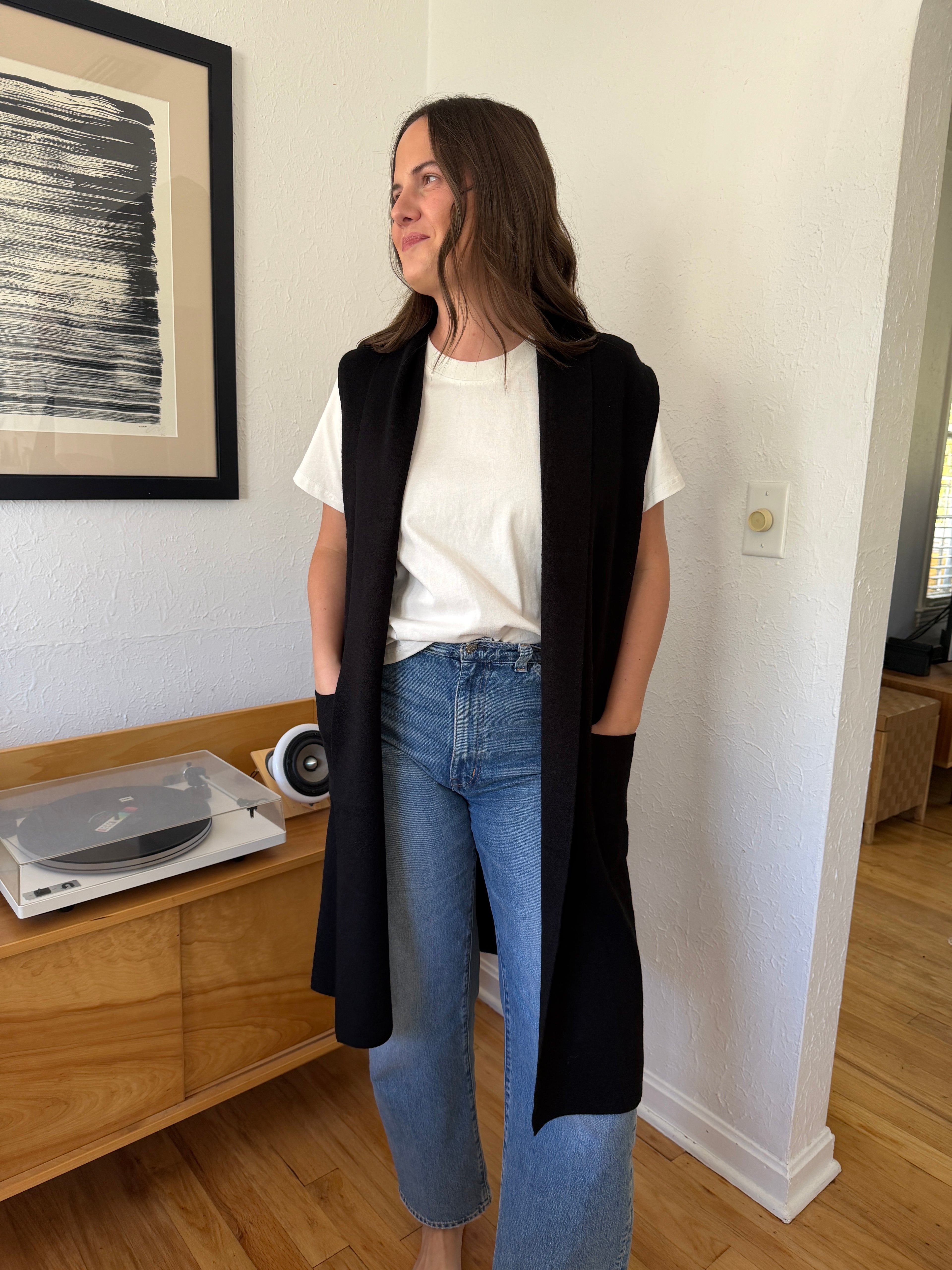 PINCH Angela Knit Duster Vest Longline Cardigan (Black)