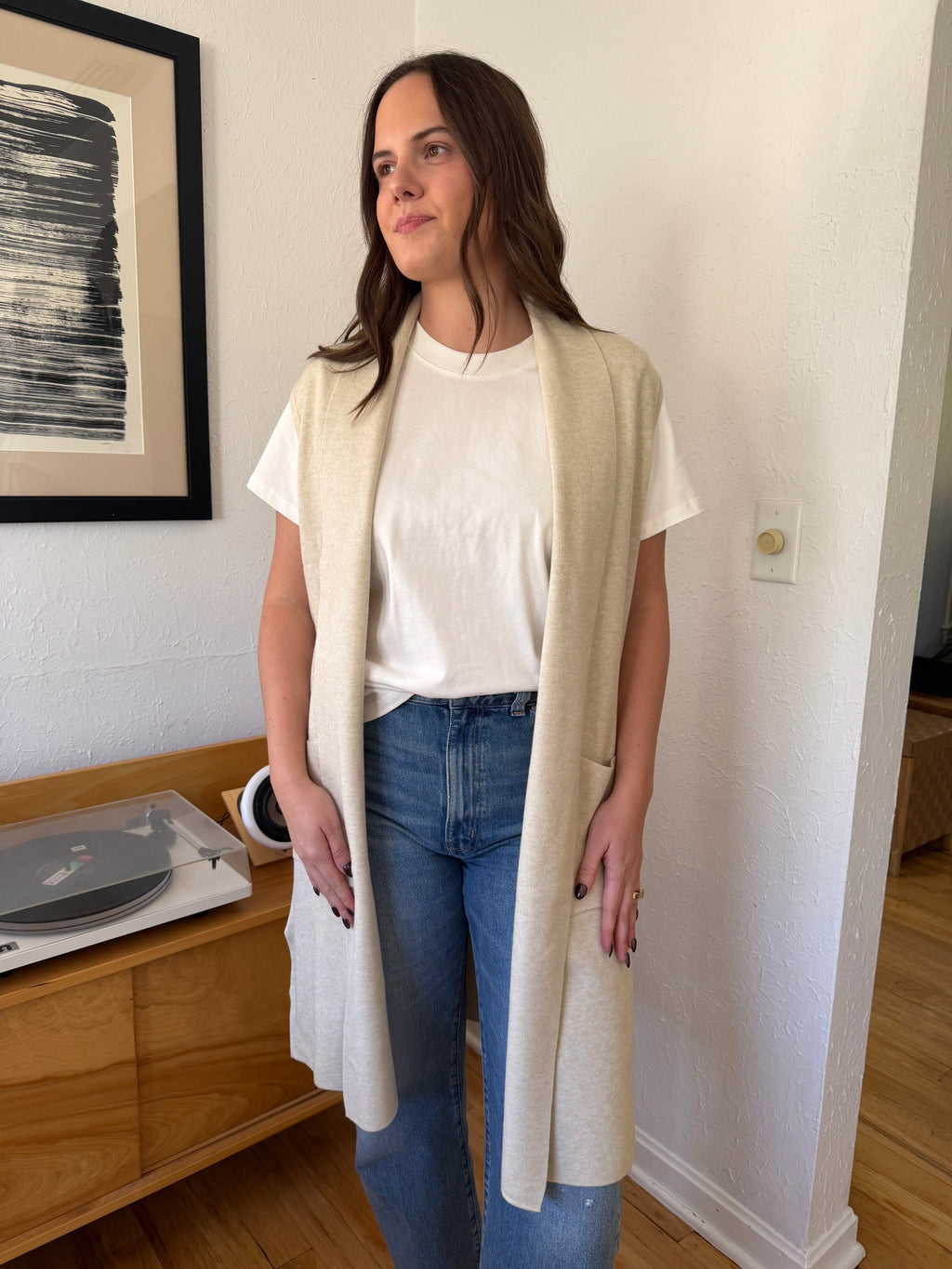 PINCH Angela Knit Duster Vest Longline Cardigan (Cream)