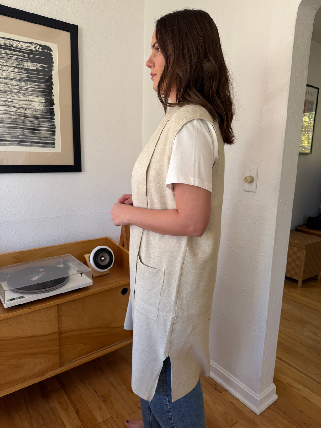 PINCH Angela Knit Duster Vest Longline Cardigan (Cream)