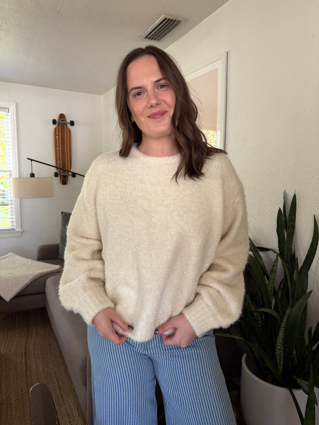 FRNCH Camelia Boucle Balloon Sleeve Pullover Sweater (Cream)