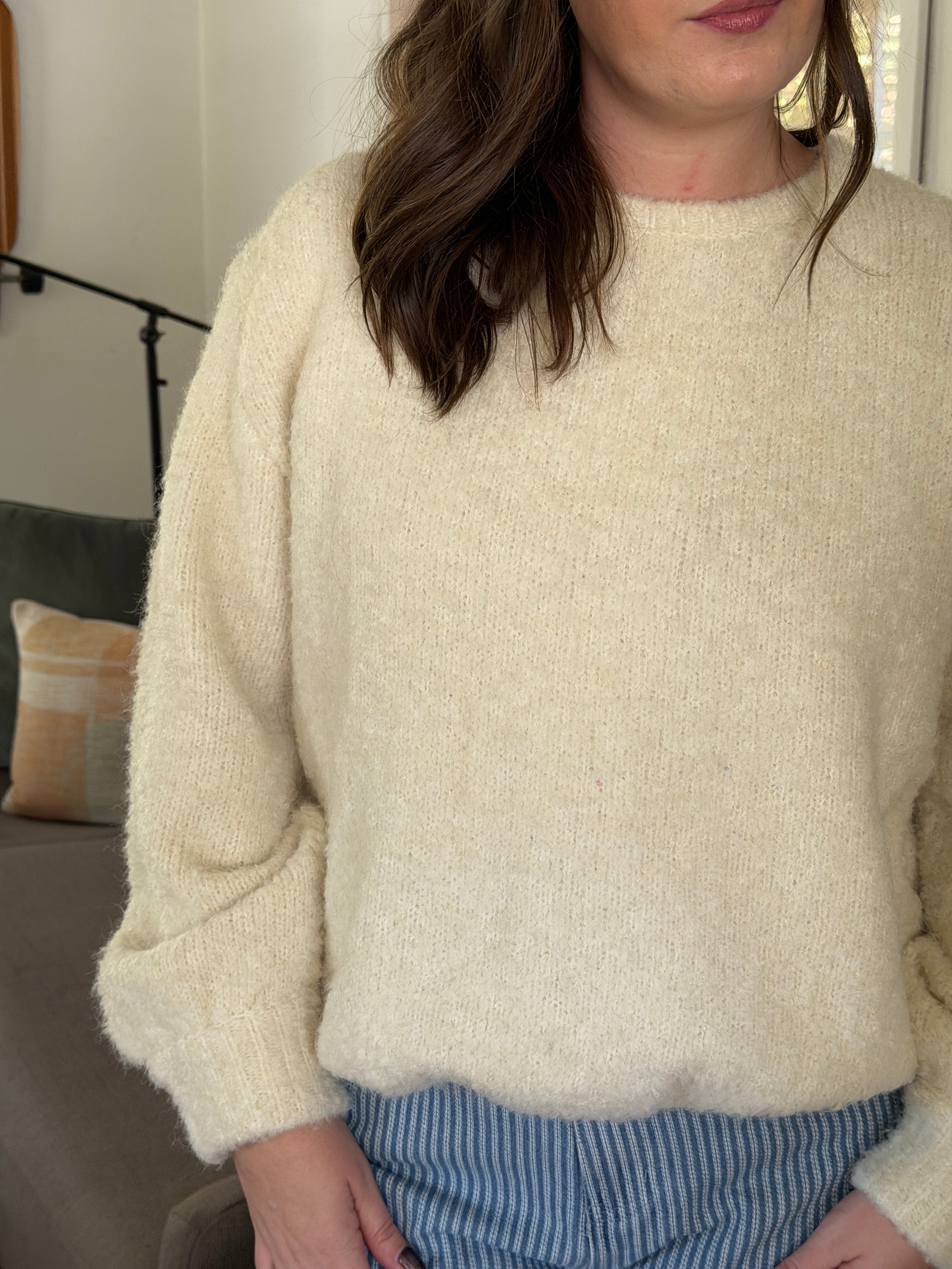 FRNCH Camelia Boucle Balloon Sleeve Pullover Sweater (Cream)