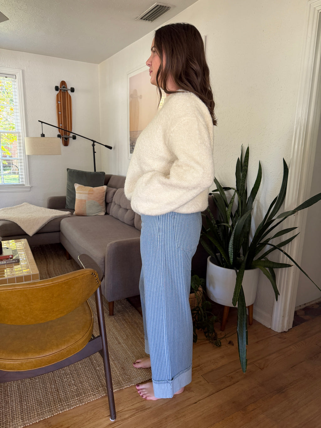 Alex Blue and White Stripe Wide Leg Cuffed Pants