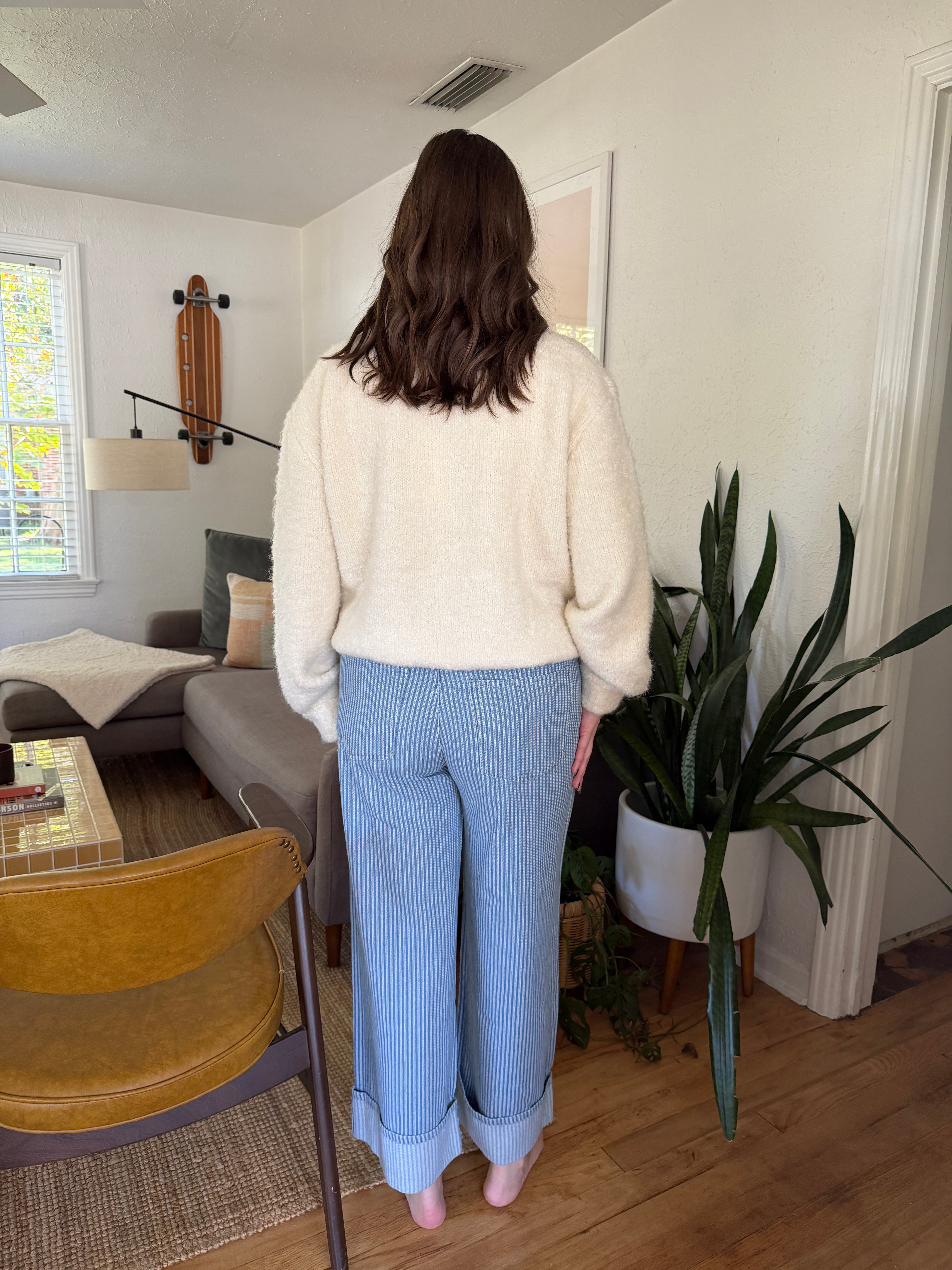Alex Blue and White Stripe Wide Leg Cuffed Pants