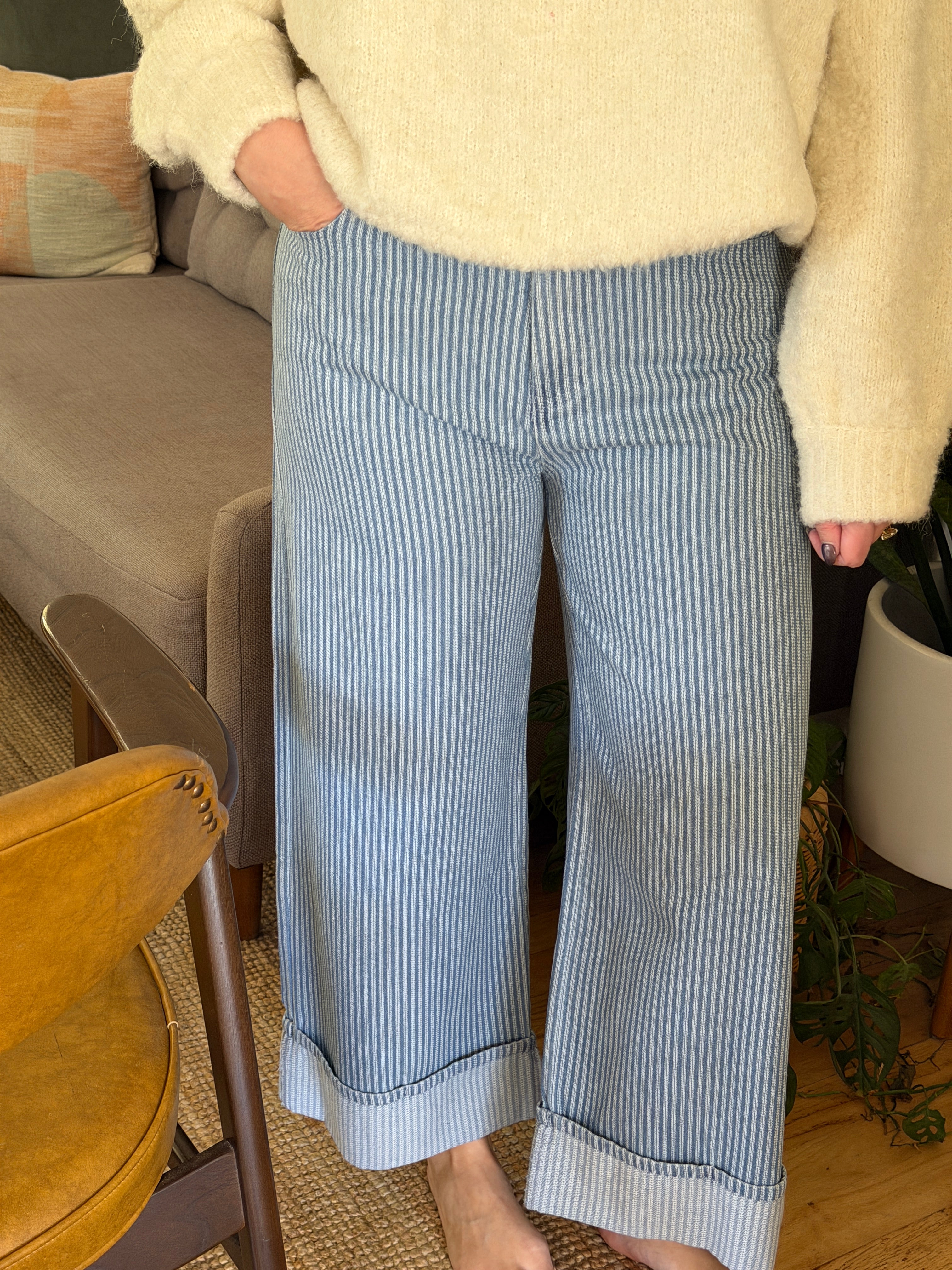Alex Blue and White Stripe Wide Leg Cuffed Pants
